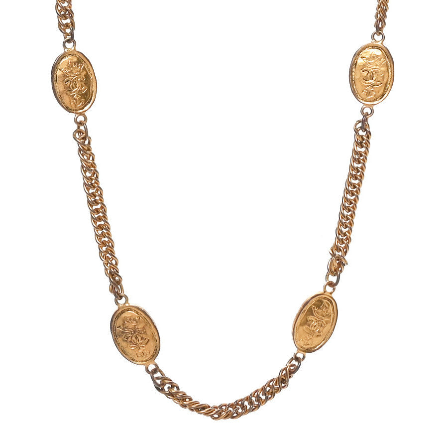 Metal Regal Crown CC Medallion Necklace Aged Gold