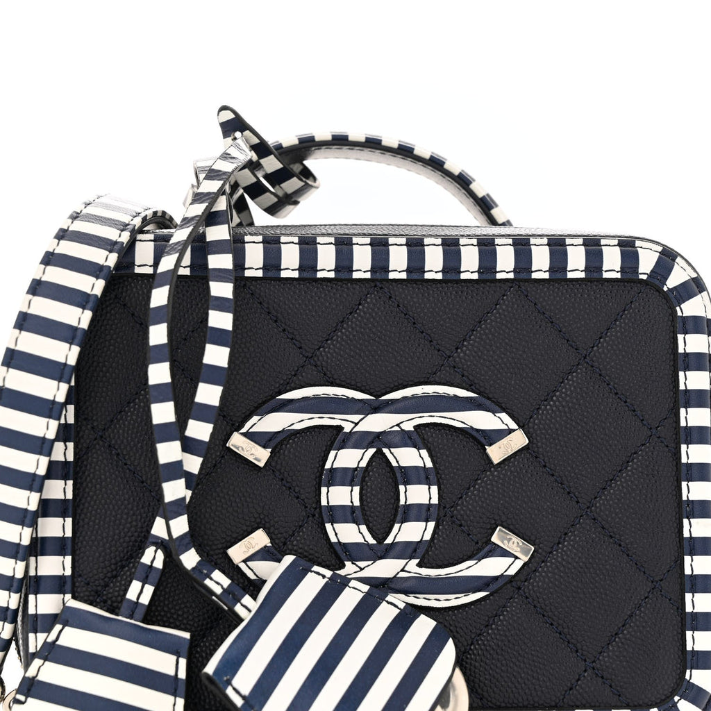 Caviar Quilted Striped Small CC Filigree Vanity Case Navy White