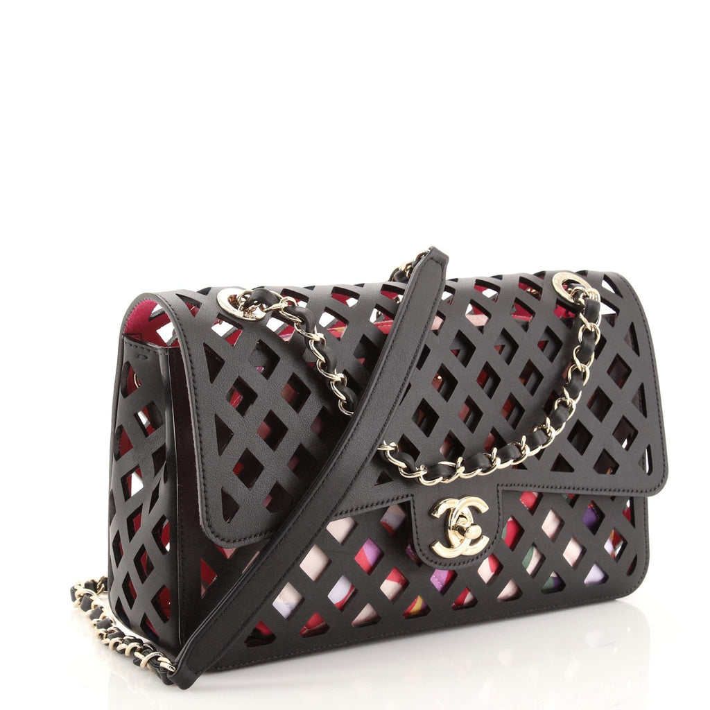 Sea Through Flap Bag Perforated Calfskin with Quilted Printed Fabric Mini