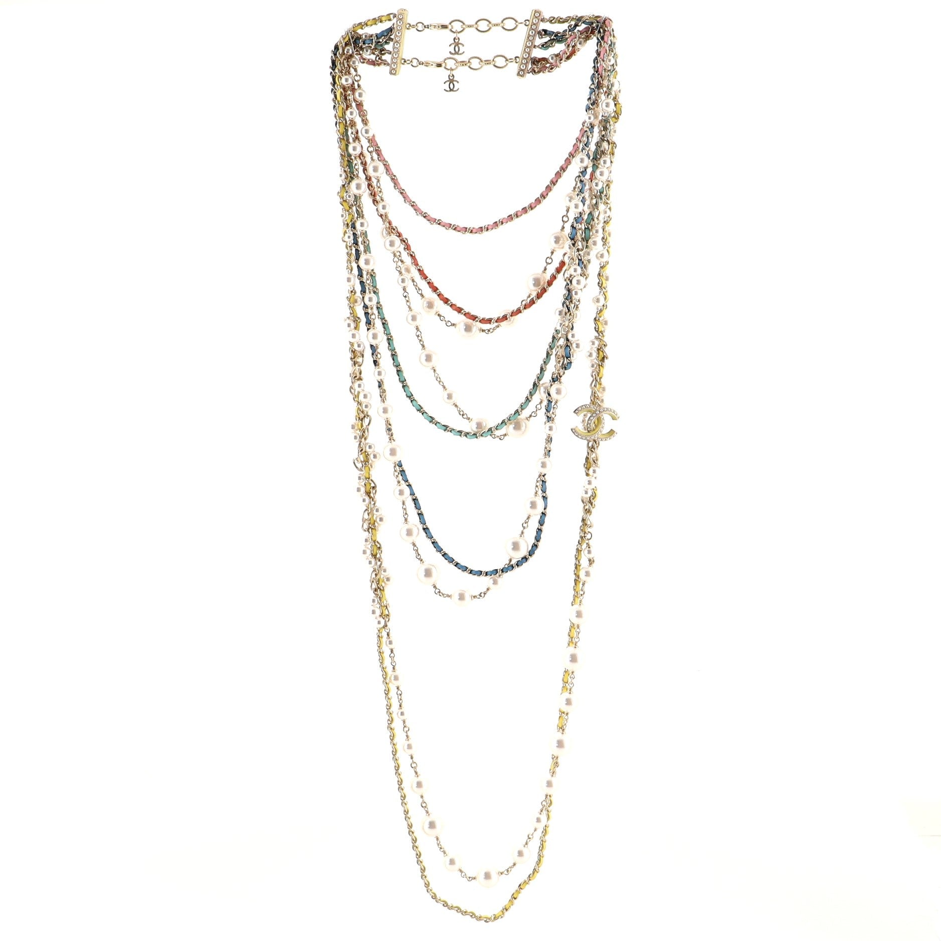 Multi-strand Long Necklace Faux Pearls and Multicolor Leather