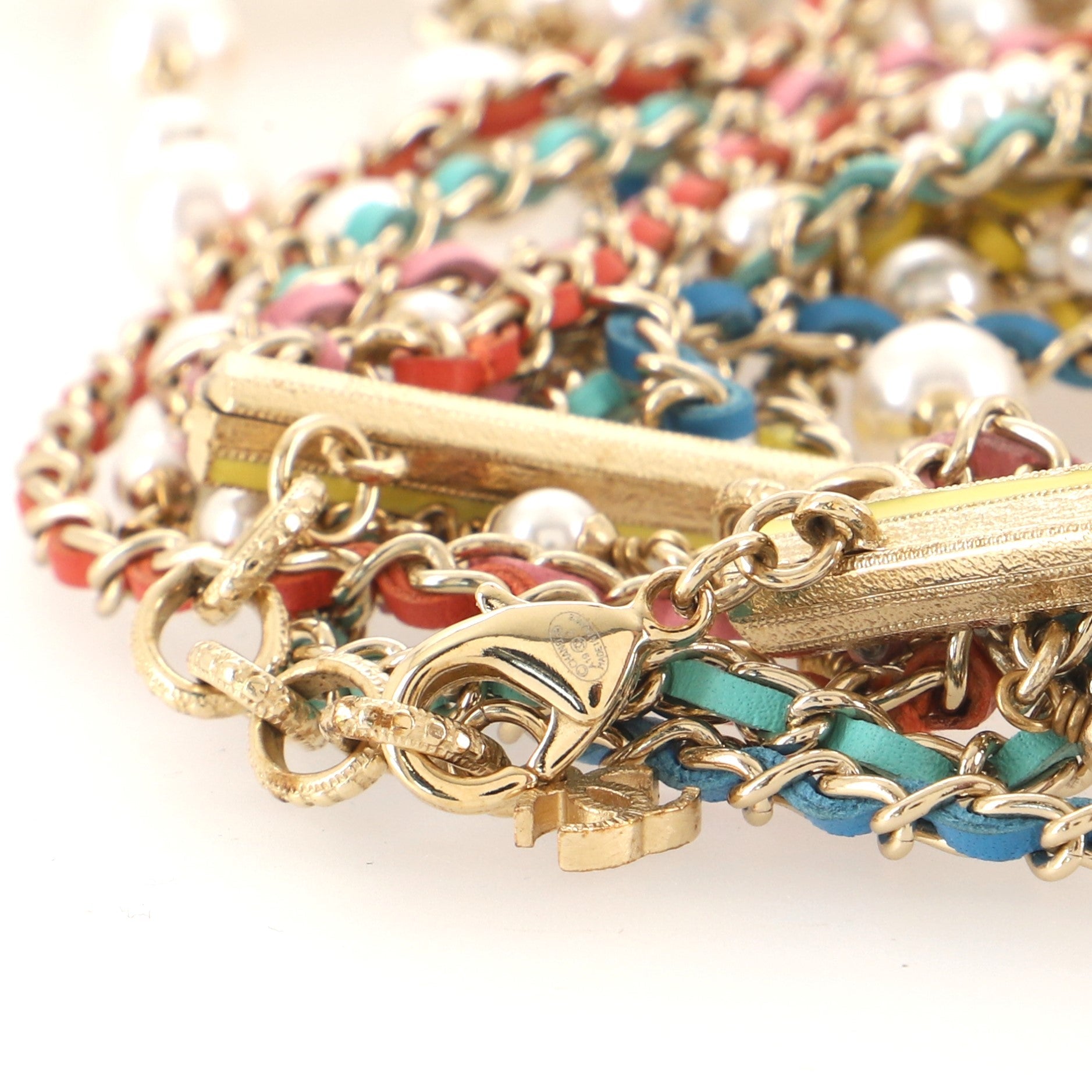 Multi-strand Long Necklace Faux Pearls and Multicolor Leather