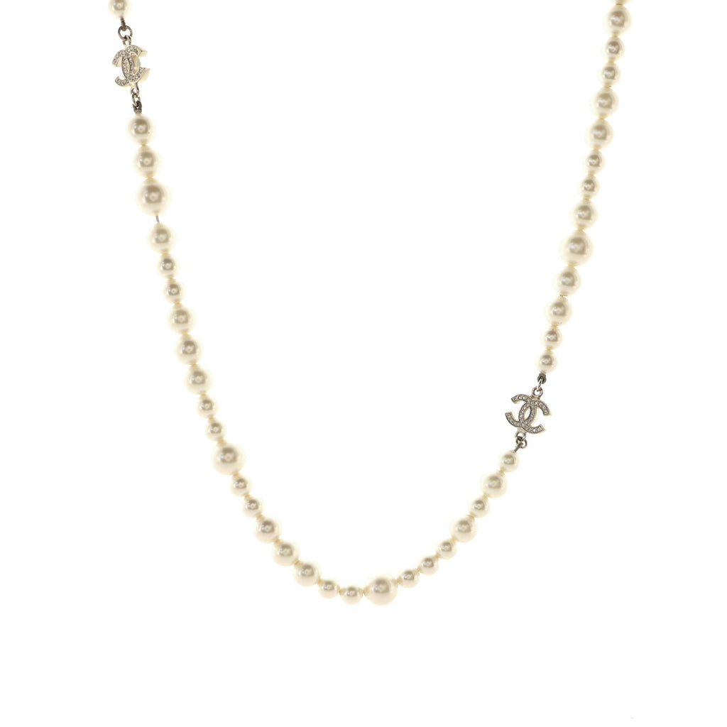 CC Single Strand Long Necklace Faux Pearls and Crystals