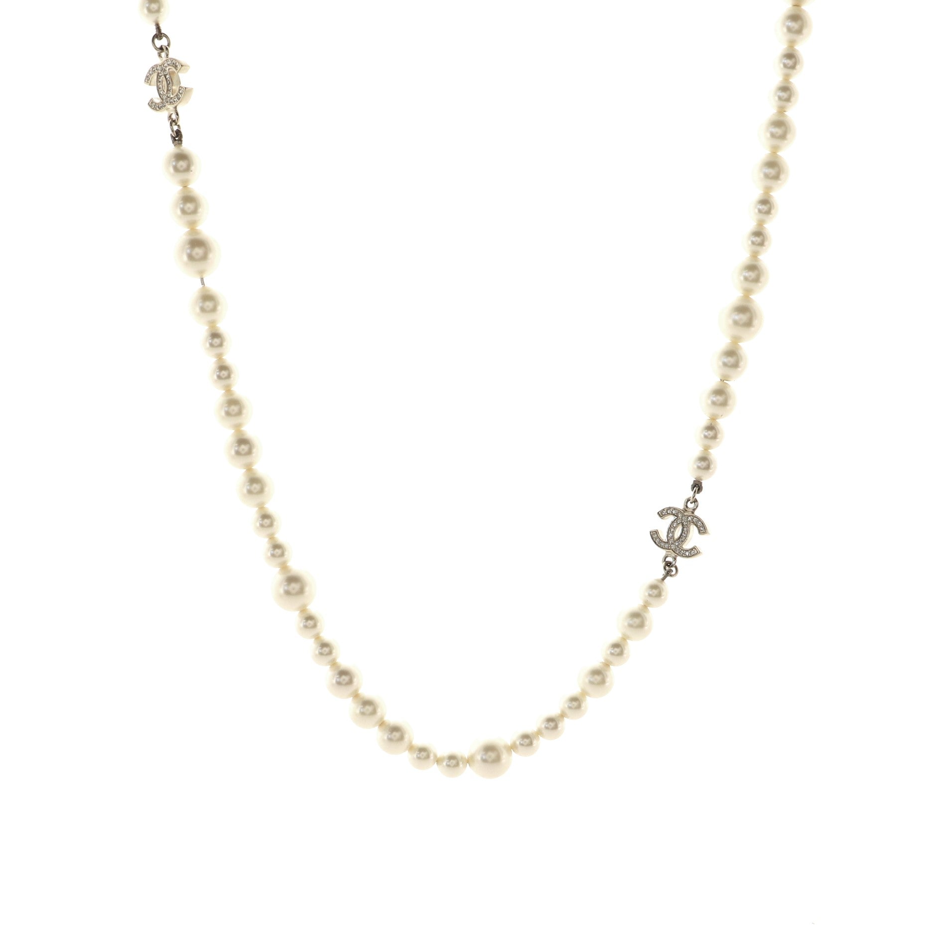 CC Single Strand Long Necklace Faux Pearls and Crystals