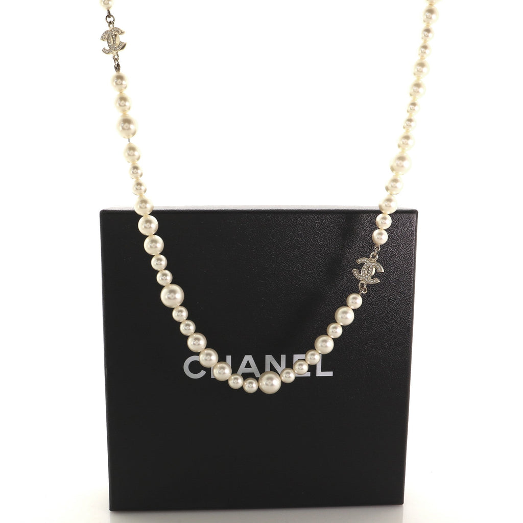 CC Single Strand Long Necklace Faux Pearls and Crystals