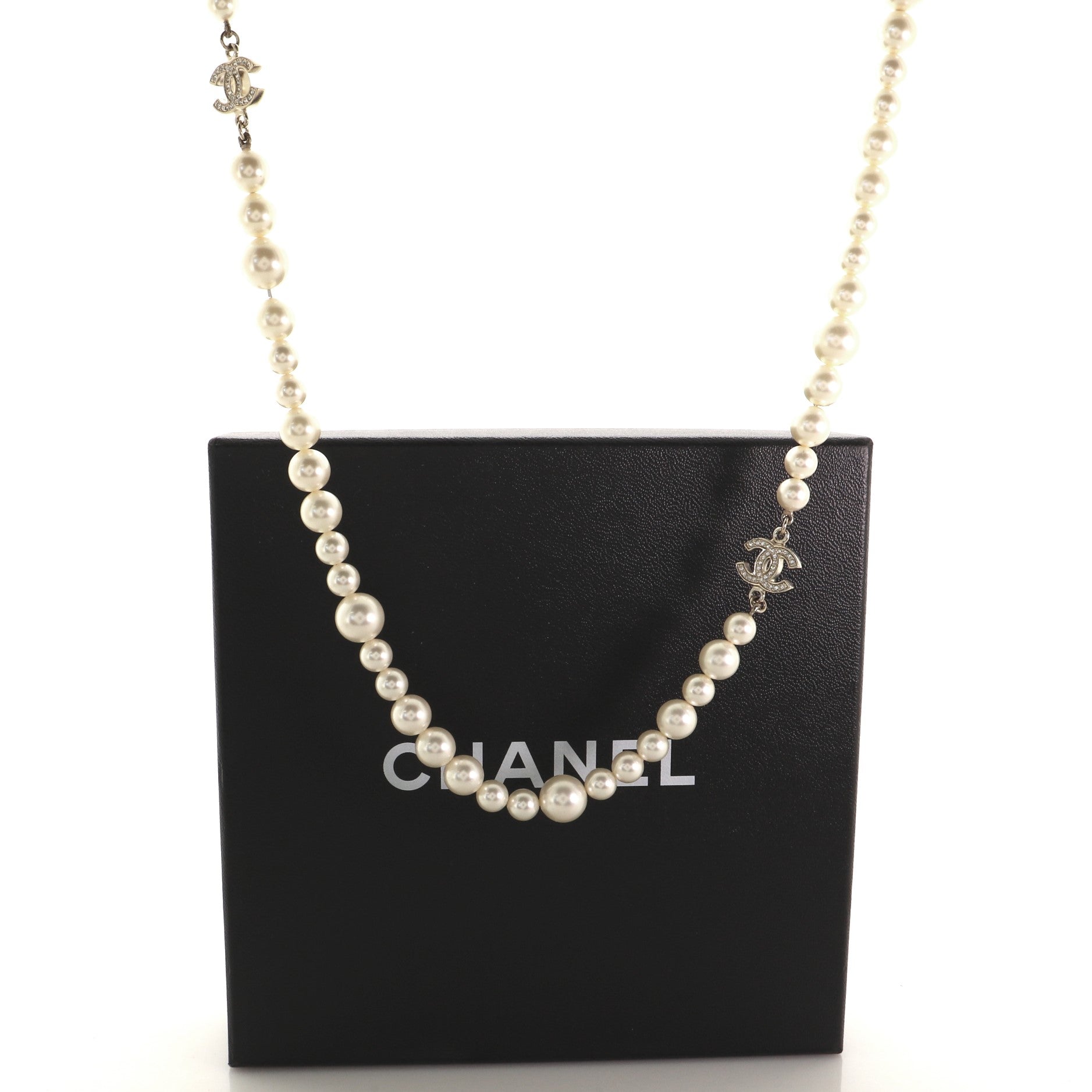 CC Single Strand Long Necklace Faux Pearls and Crystals