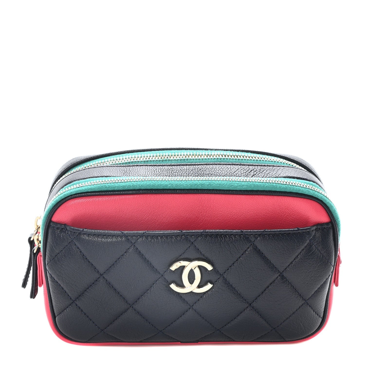 Goatskin Quilted Tri-Color In & Out Waist Bag Navy Turquoise Pink