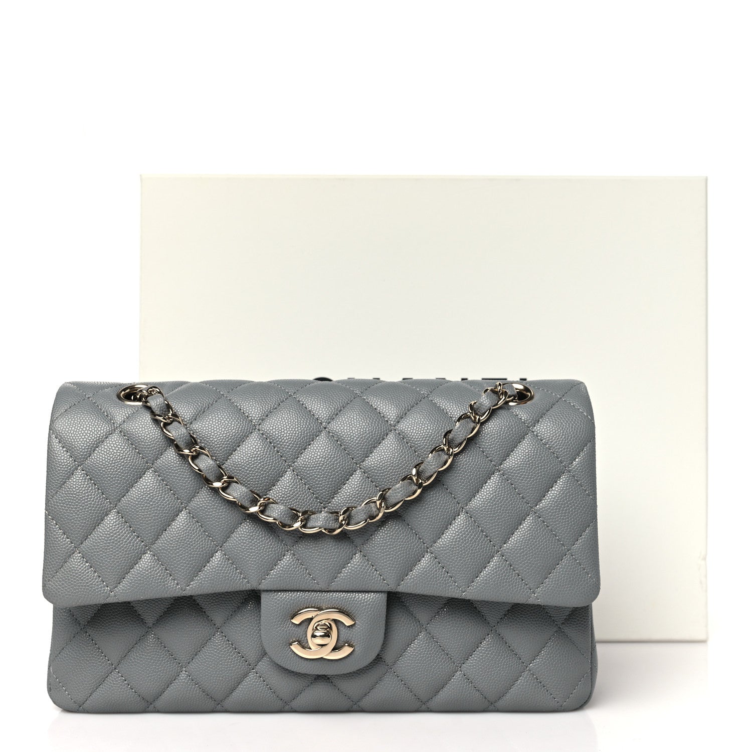 Caviar Quilted Medium Double Flap Grey