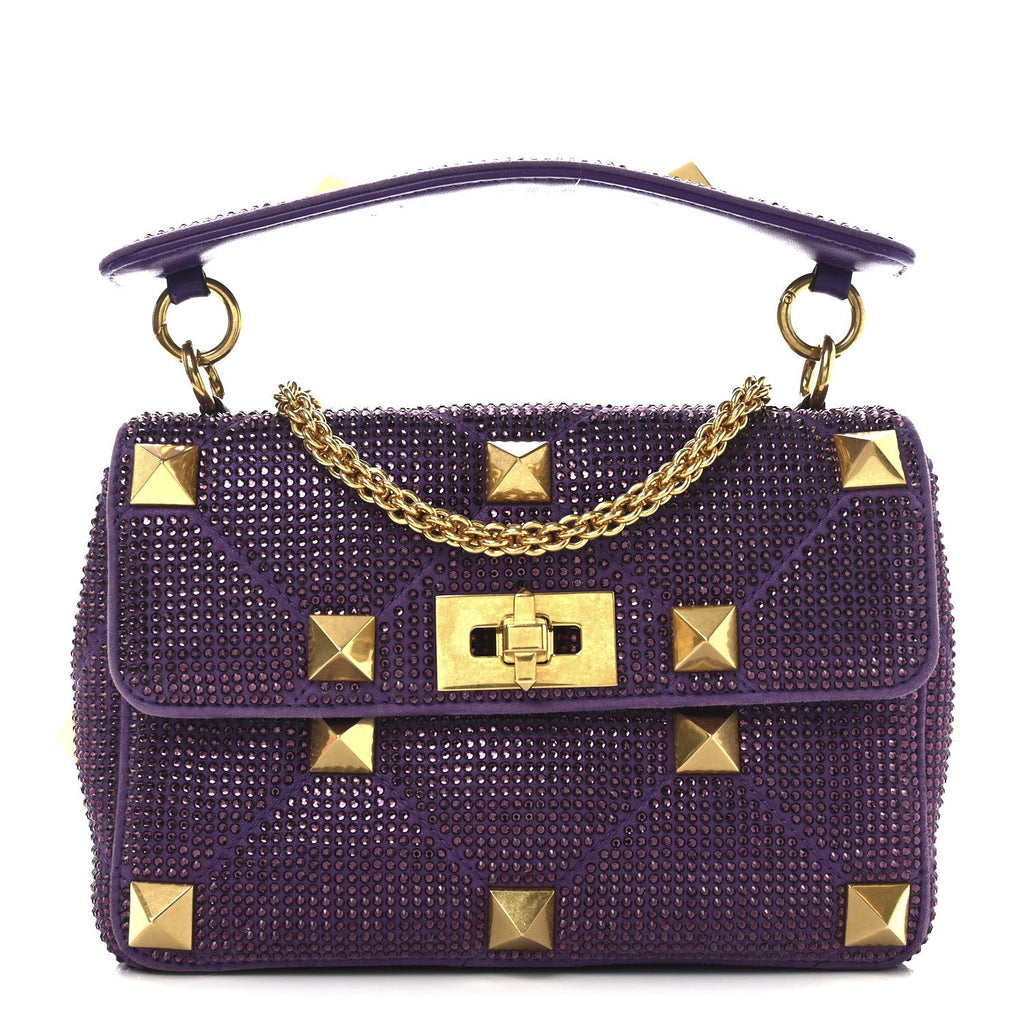Crystal Suede Enamel Medium Roman Stud Shoulder Bag Purple