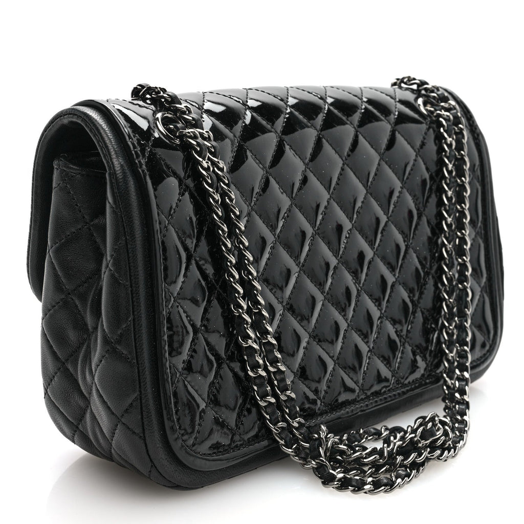 Patent Quilted Classic Twist Flap Bag Black