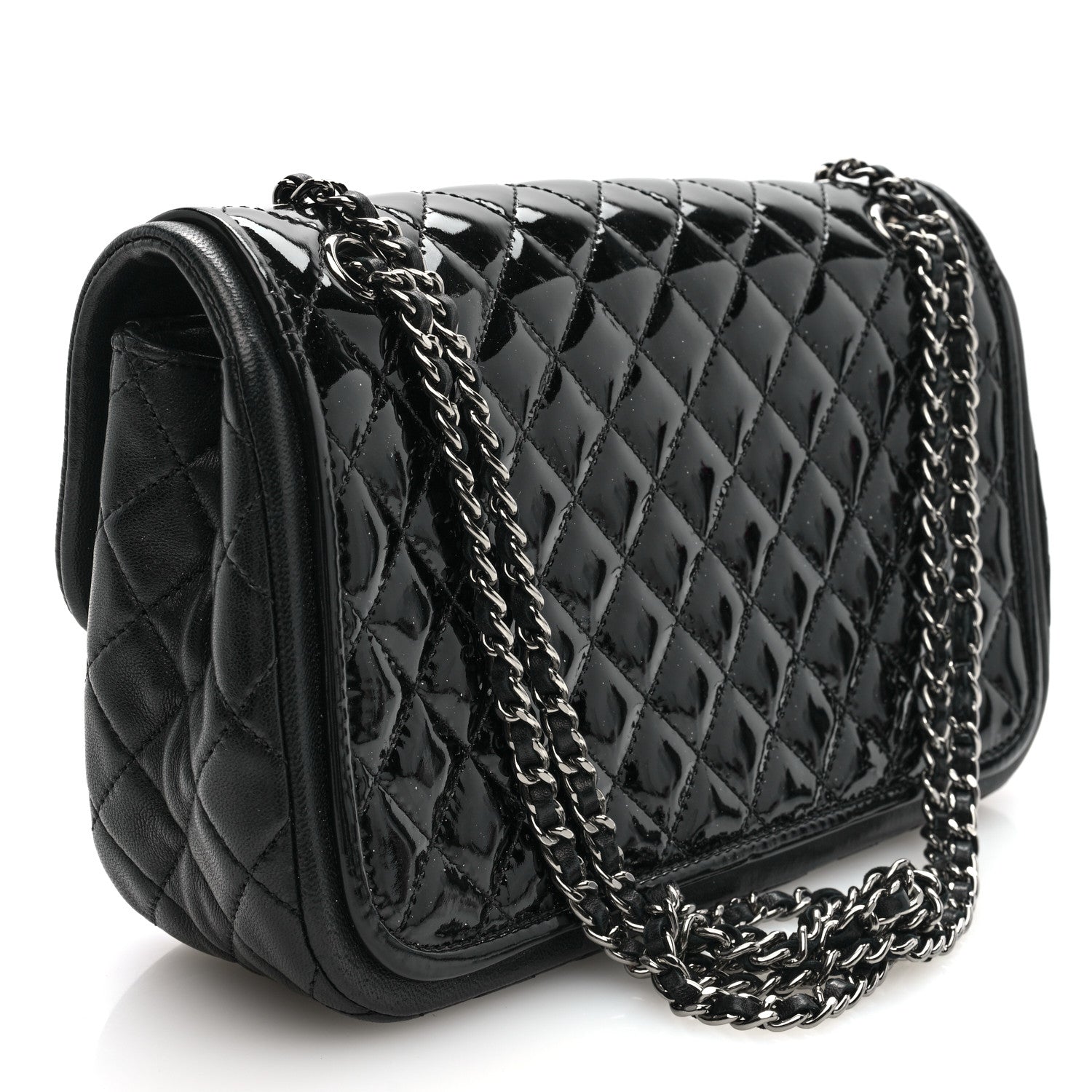 Patent Quilted Classic Twist Flap Bag Black