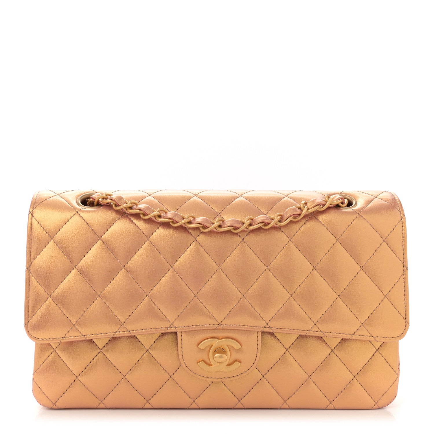 Metallic Lambskin Quilted Medium Double Flap Golden