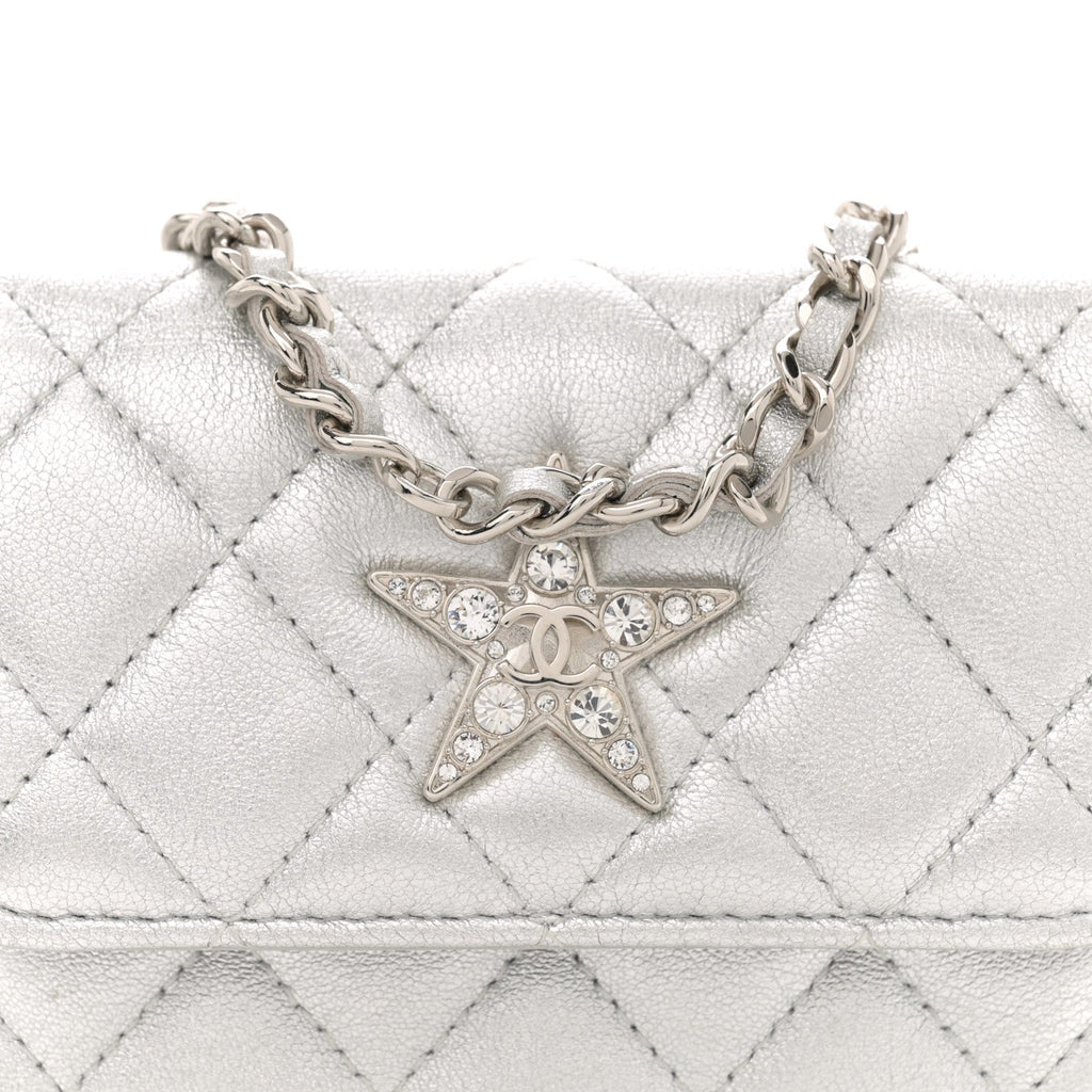 Metallic Goatskin Quilted Star Flap Waist Belt Bag Silver