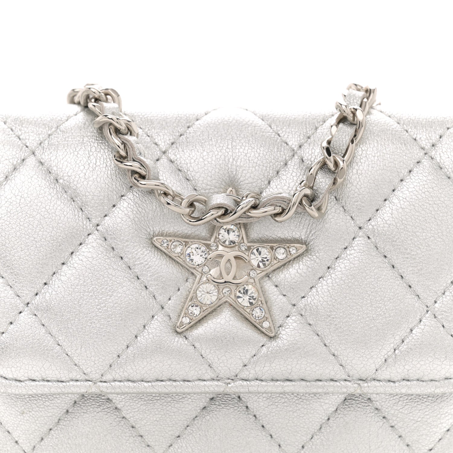 Metallic Goatskin Quilted Star Flap Waist Belt Bag Silver