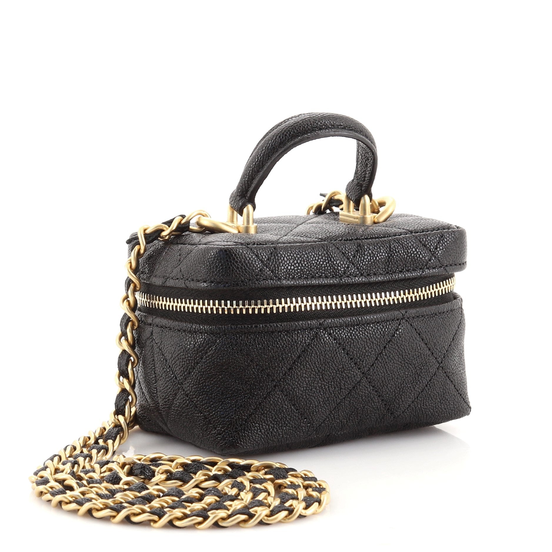 Top Handle Zip Around Vanity Case with Chain Quilted Caviar Mini