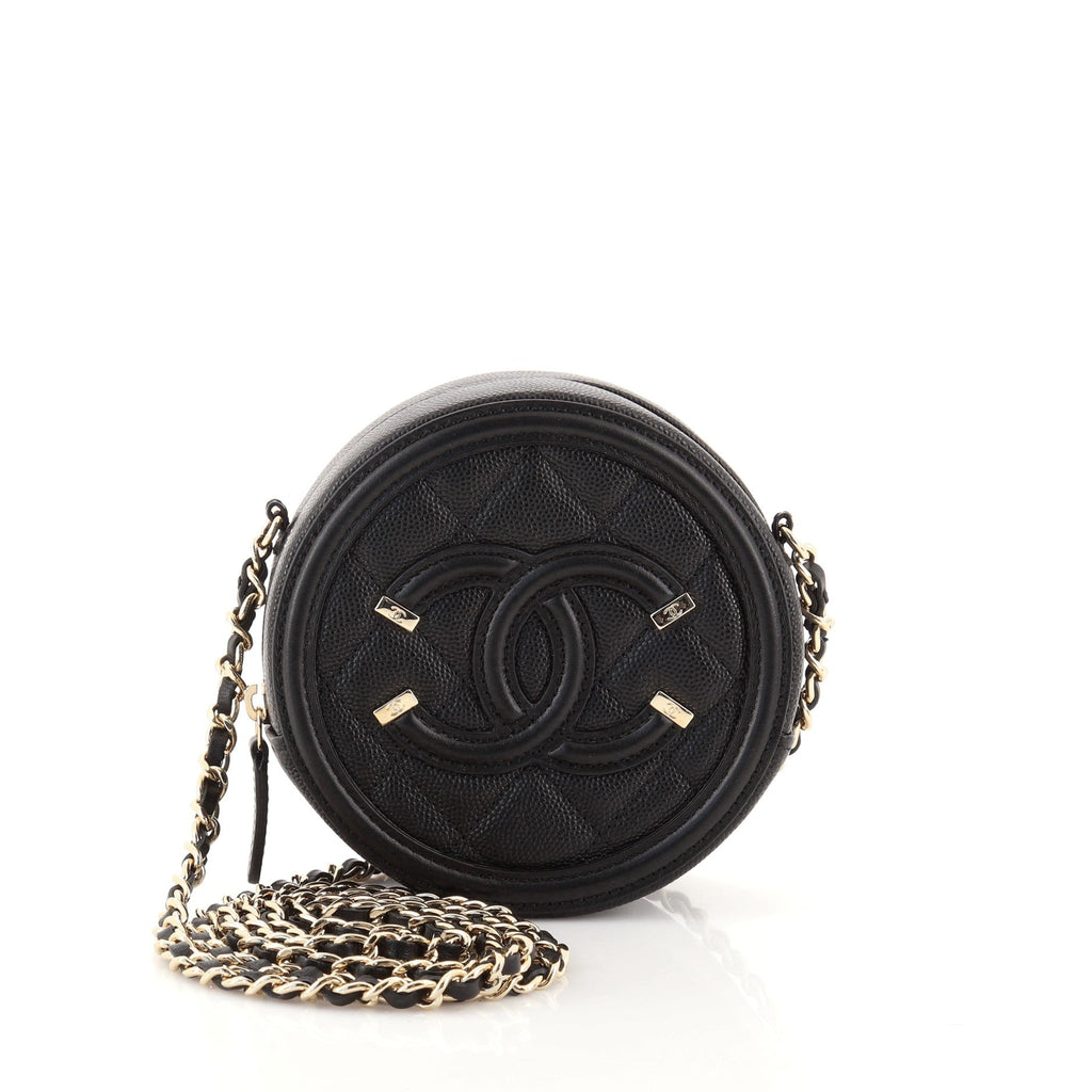 Filigree Round Clutch with Chain Quilted Caviar Mini