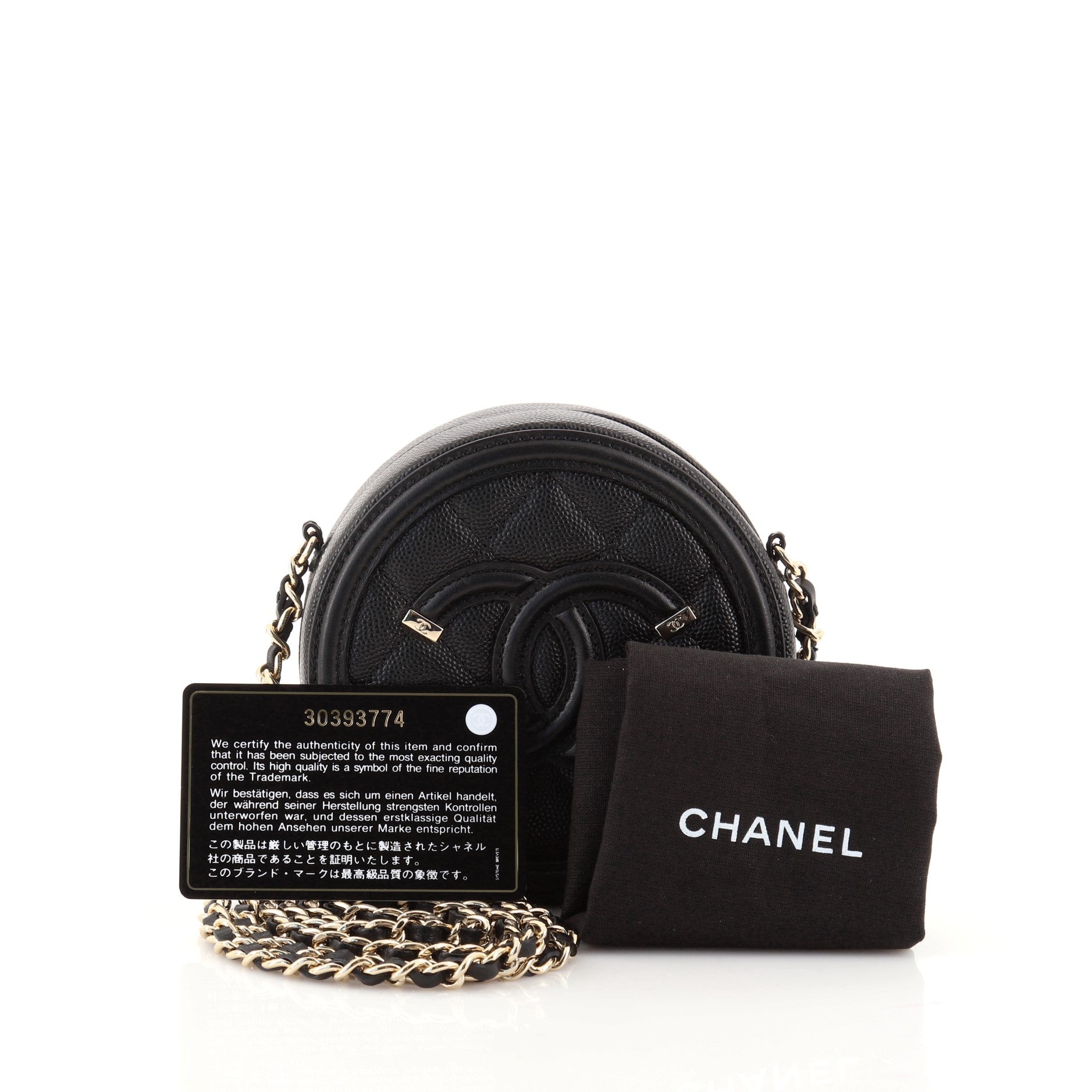 Filigree Round Clutch with Chain Quilted Caviar Mini