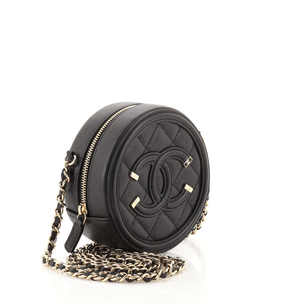 Filigree Round Clutch with Chain Quilted Caviar Mini