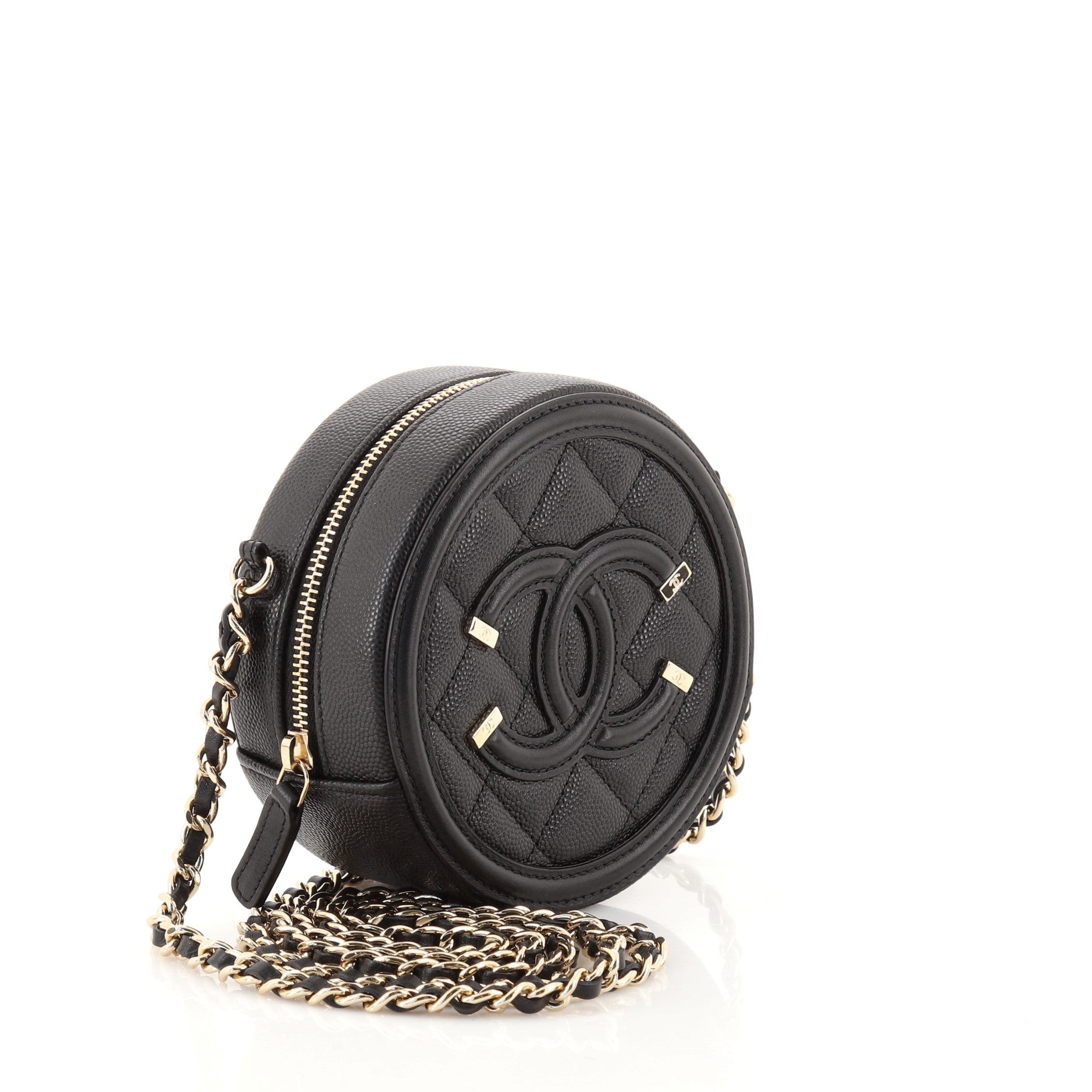 Filigree Round Clutch with Chain Quilted Caviar Mini