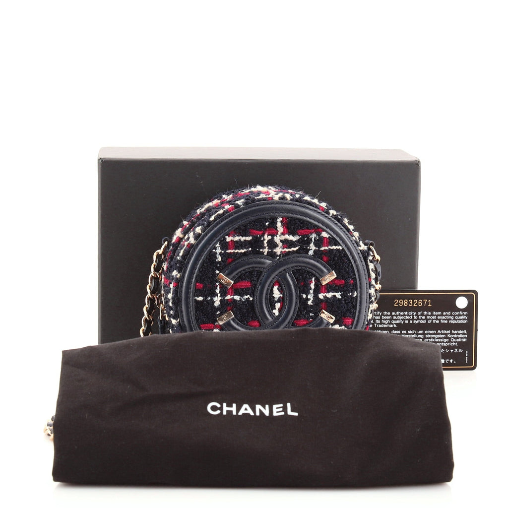 Filigree Round Clutch with Chain Quilted Tweed Mini