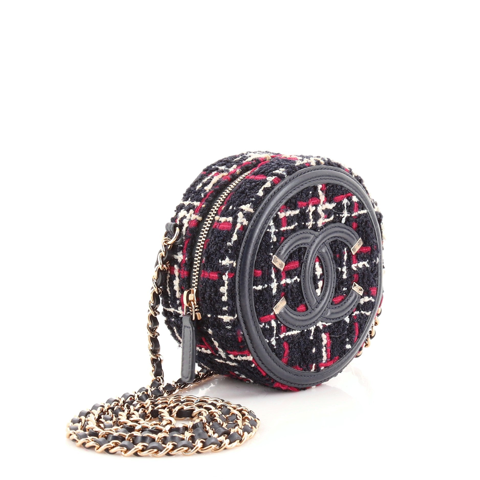 Filigree Round Clutch with Chain Quilted Tweed Mini