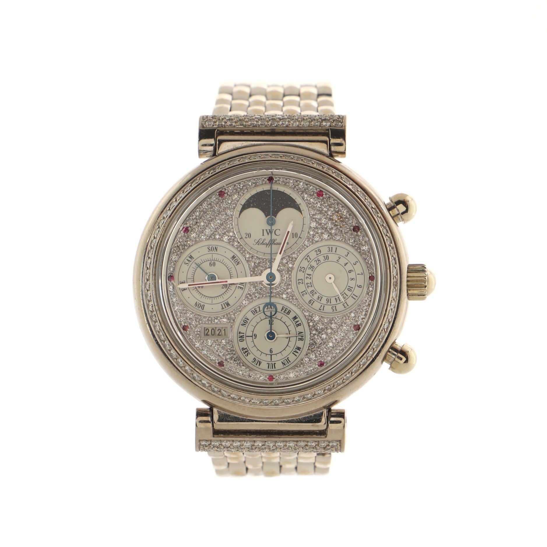 Da Vinci Perpetual Chronograph Automatic Watch 18K White Gold with Diamond Dial and Ruby Markers and Diamond Lugs 39