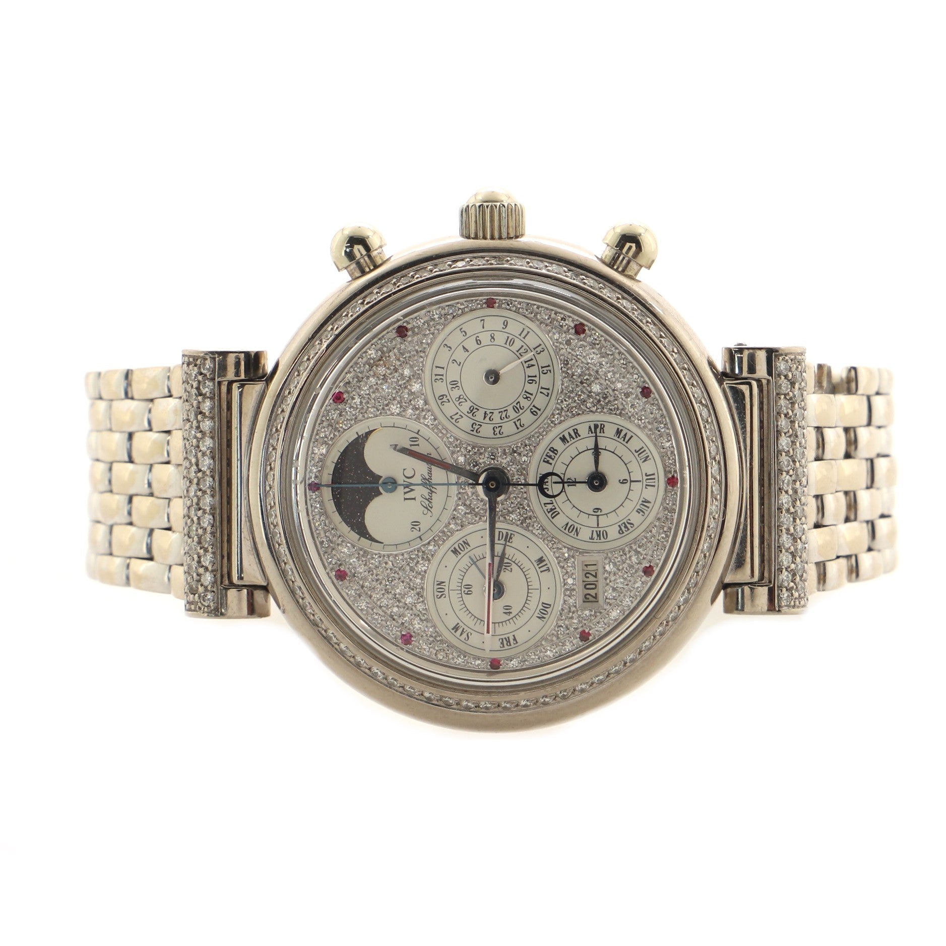 Da Vinci Perpetual Chronograph Automatic Watch 18K White Gold with Diamond Dial and Ruby Markers and Diamond Lugs 39