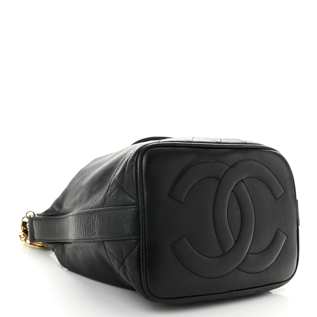 Lambskin Quilted Drawstring Bucket Bag Black