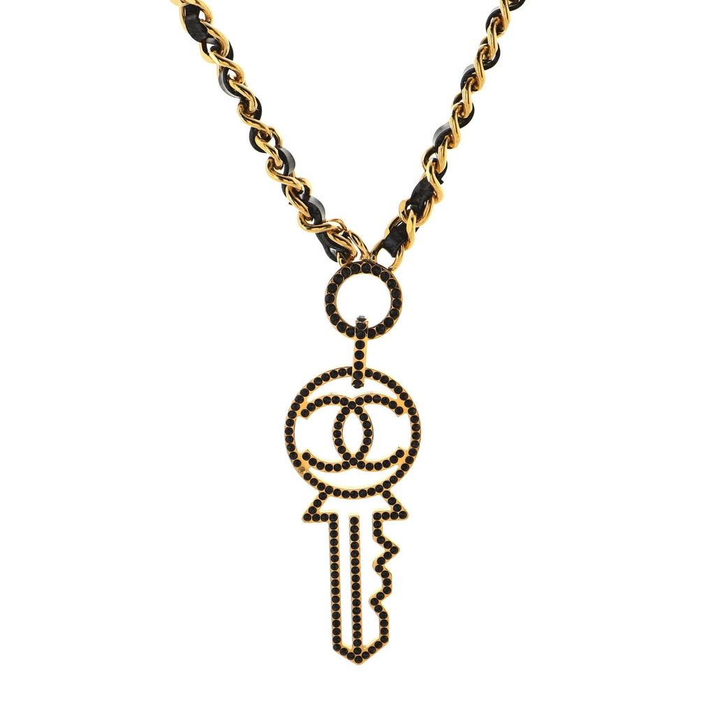 Key Pendant Necklace Metal with Leather and Crystals