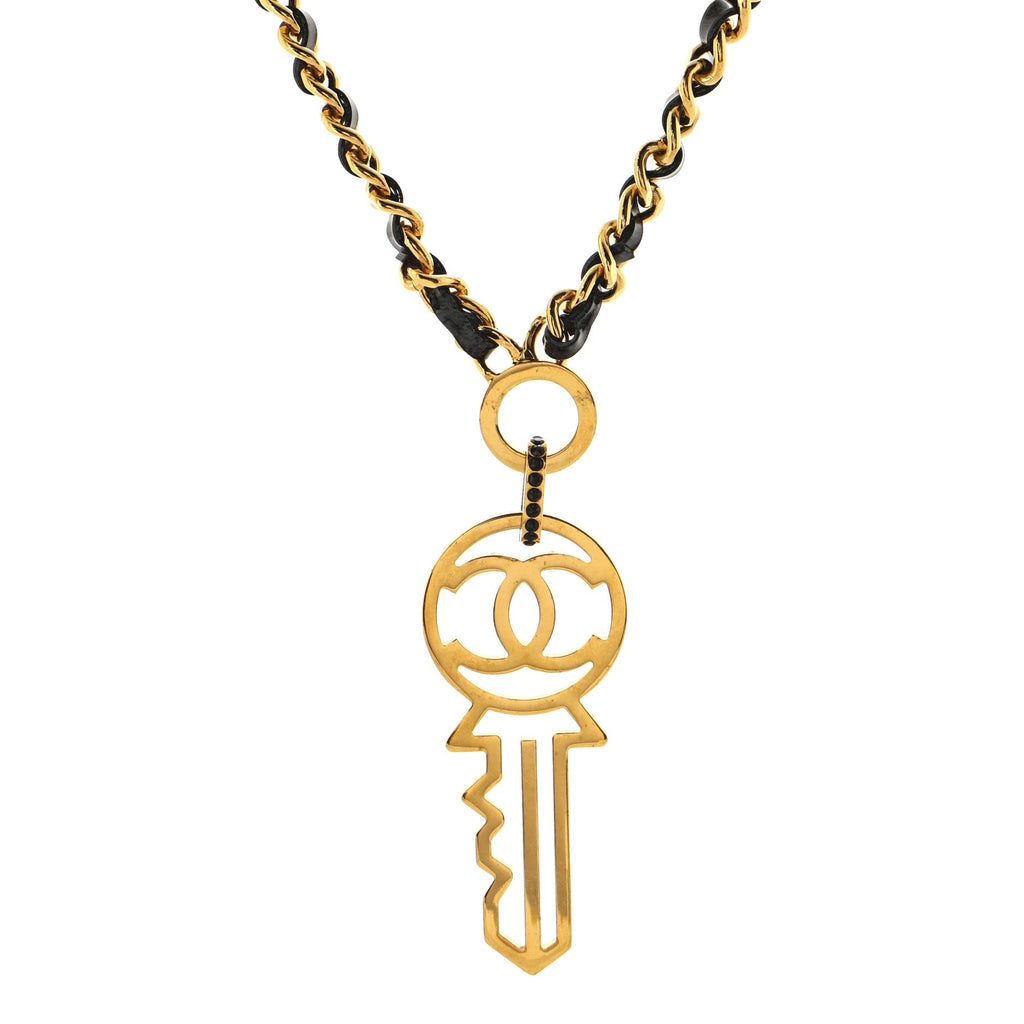 Key Pendant Necklace Metal with Leather and Crystals