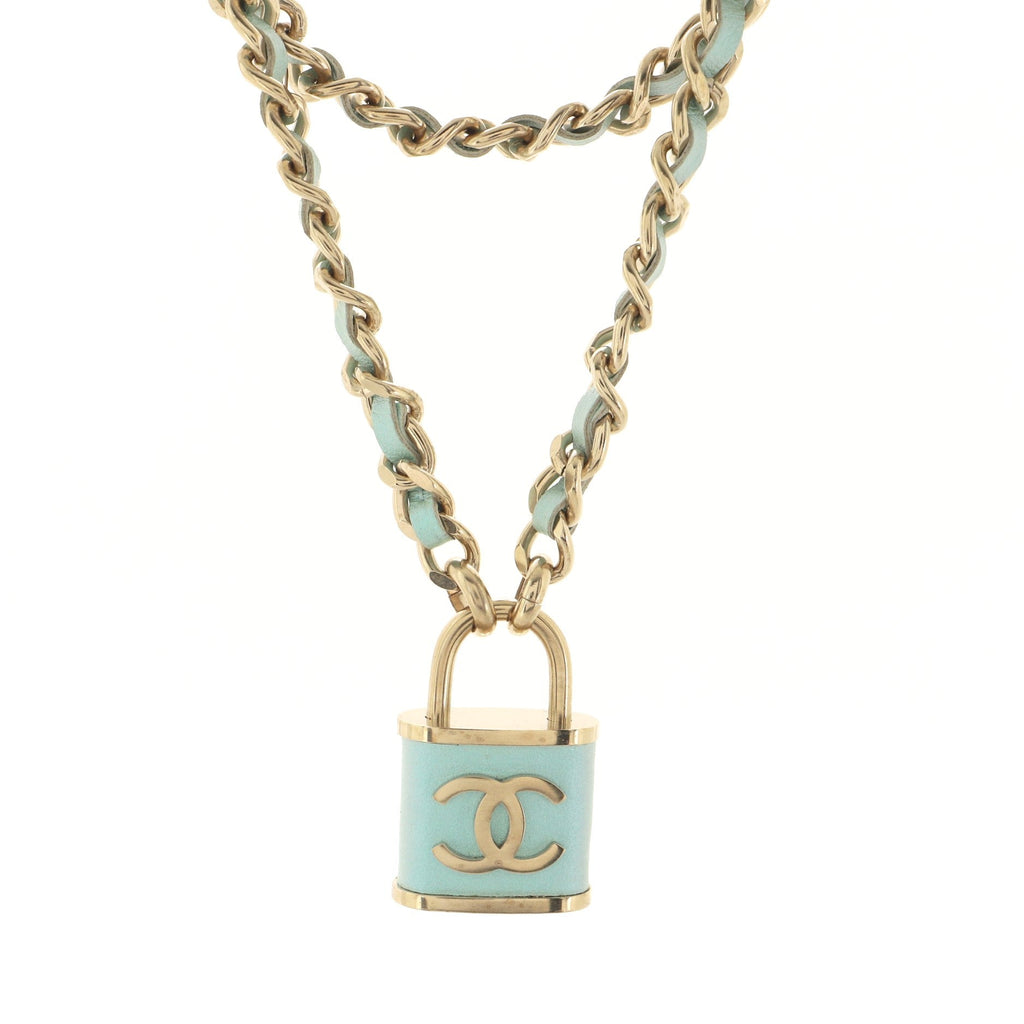 CC Padlock Double Strand Chain Necklace Metal and Lambskin