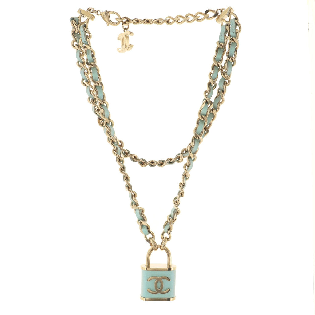 CC Padlock Double Strand Chain Necklace Metal and Lambskin
