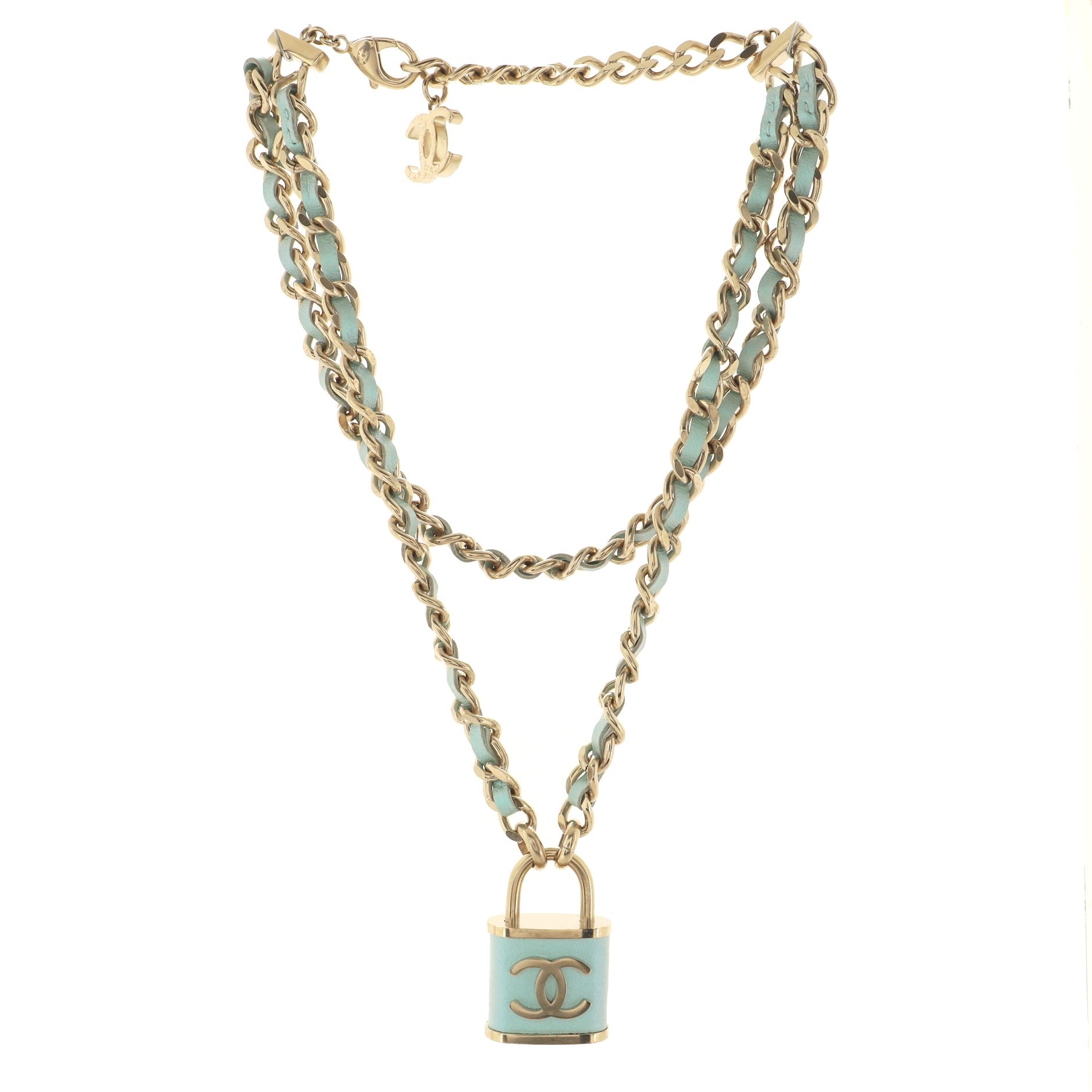 CC Padlock Double Strand Chain Necklace Metal and Lambskin