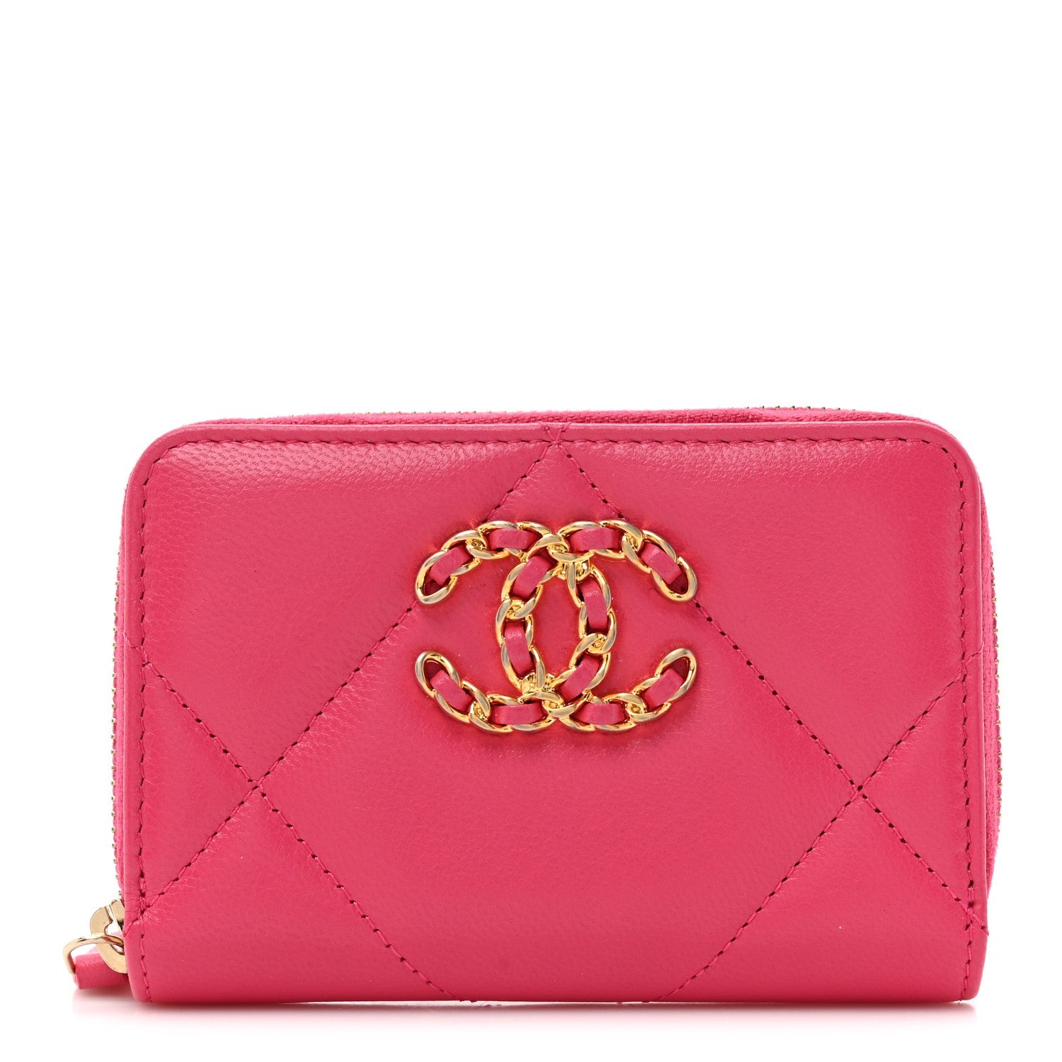 Shiny Goatskin Quilted 19 Zip Around Coin Purse Wallet Dark Pink