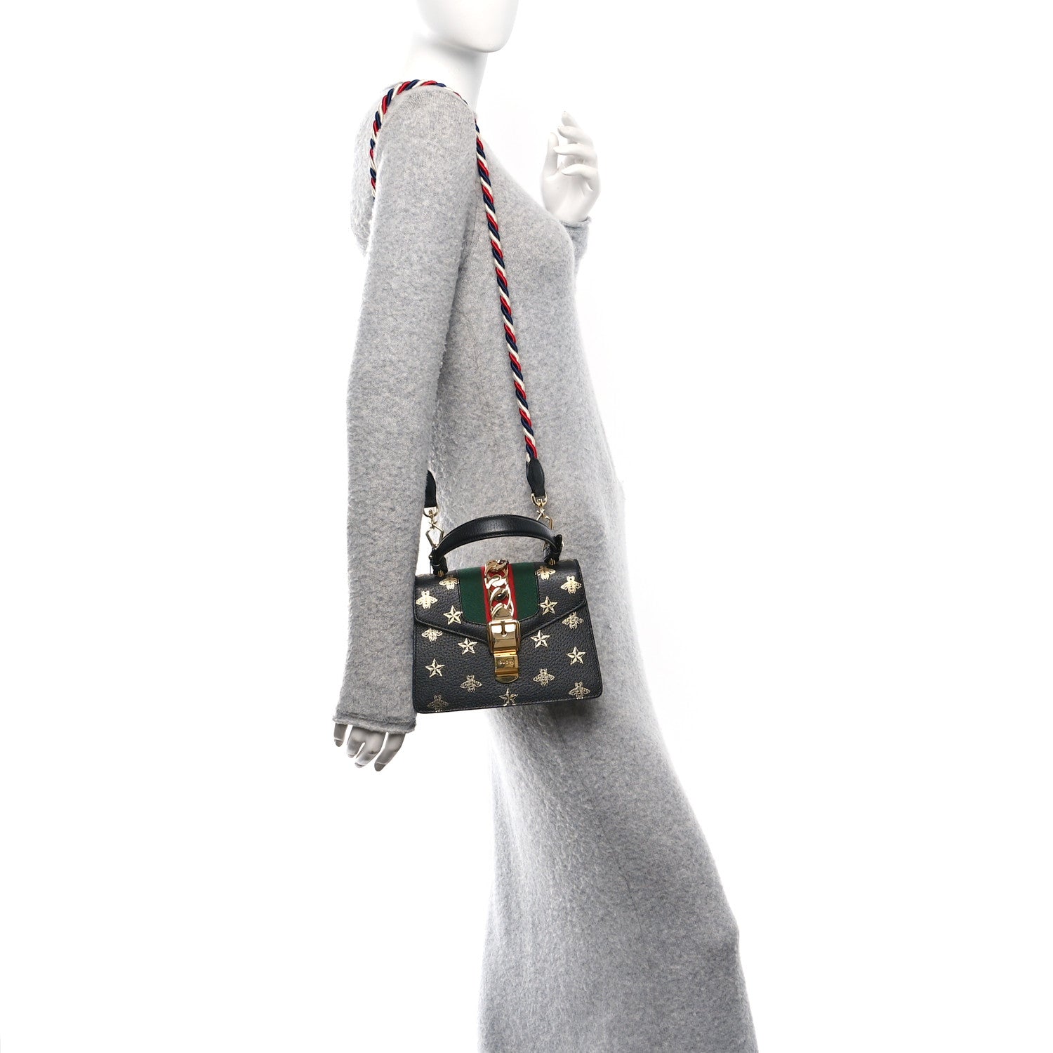 Textured Calfskin Bee Star Print Mini Sylvie Top Handle Bag Black