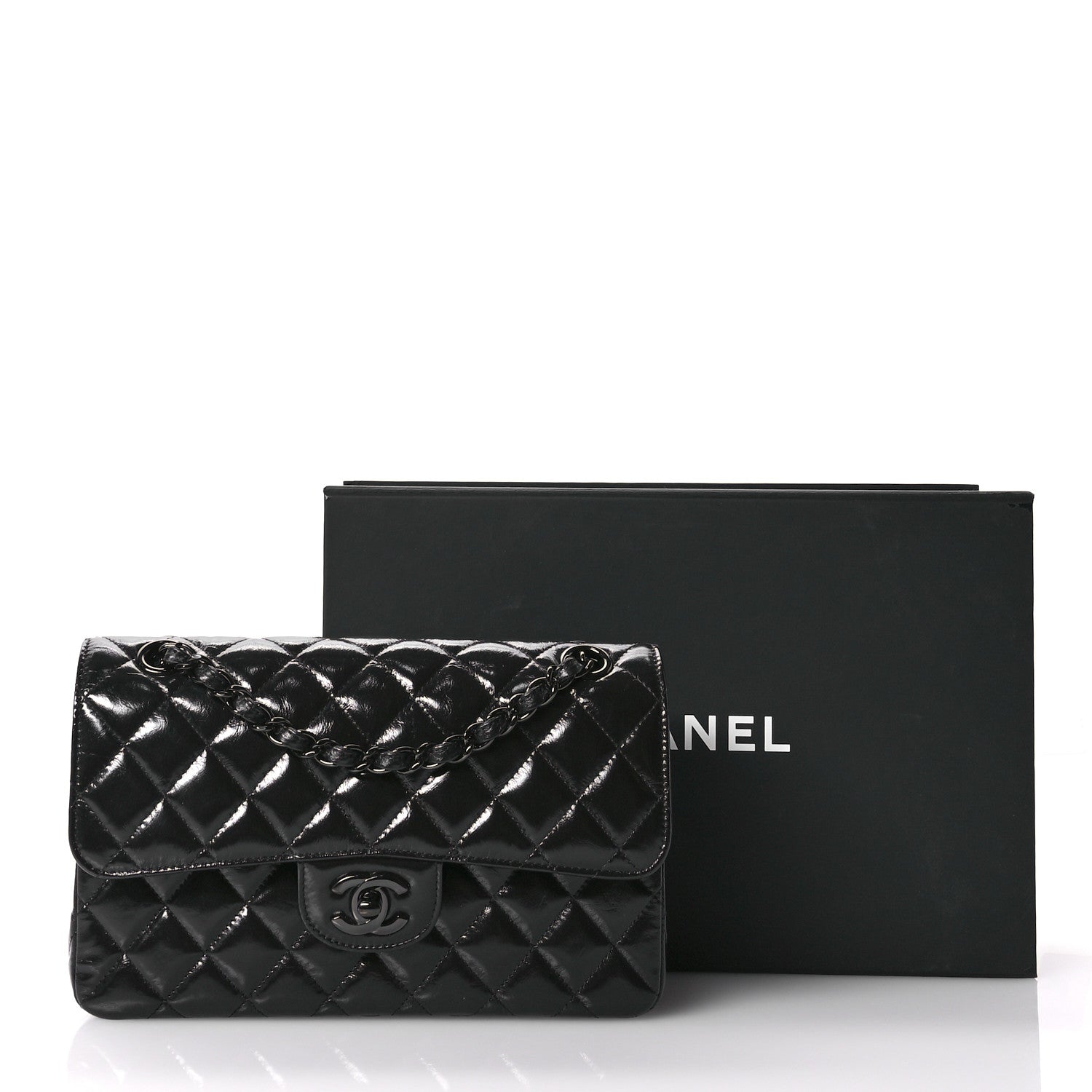 Shiny Crumpled Calfskin Quilted Small Double Flap So Black