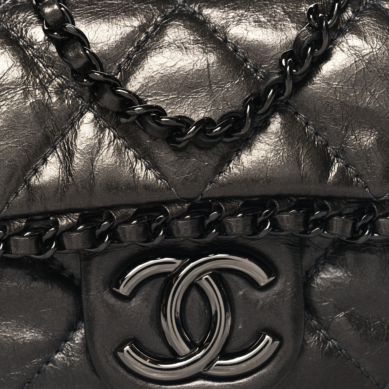 Metallic Aged Calfskin Mini Chain Me Flap Dark Grey