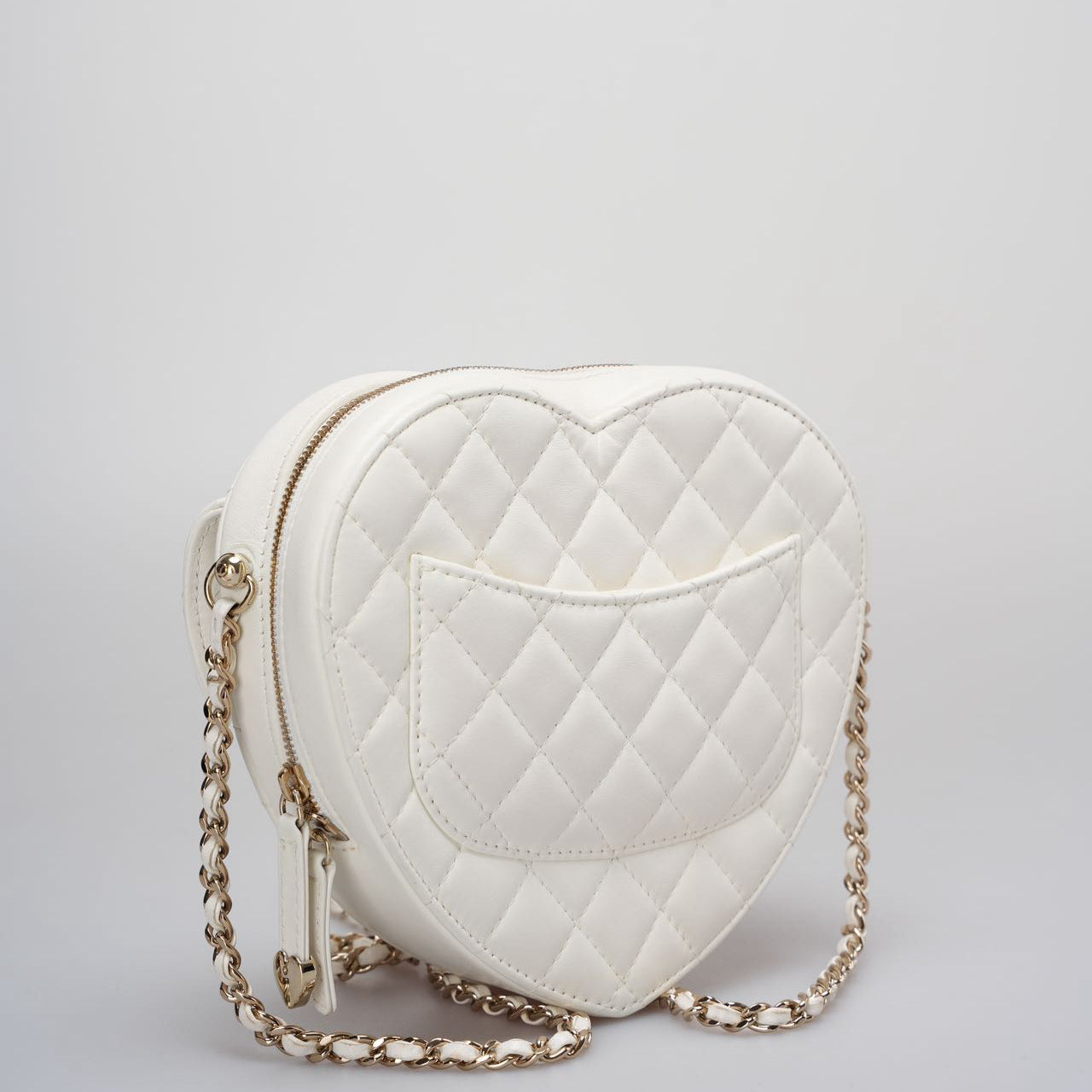 Chanel Big Heart Bag Lambskin Quilted CC In Love Clutch With Chain in White