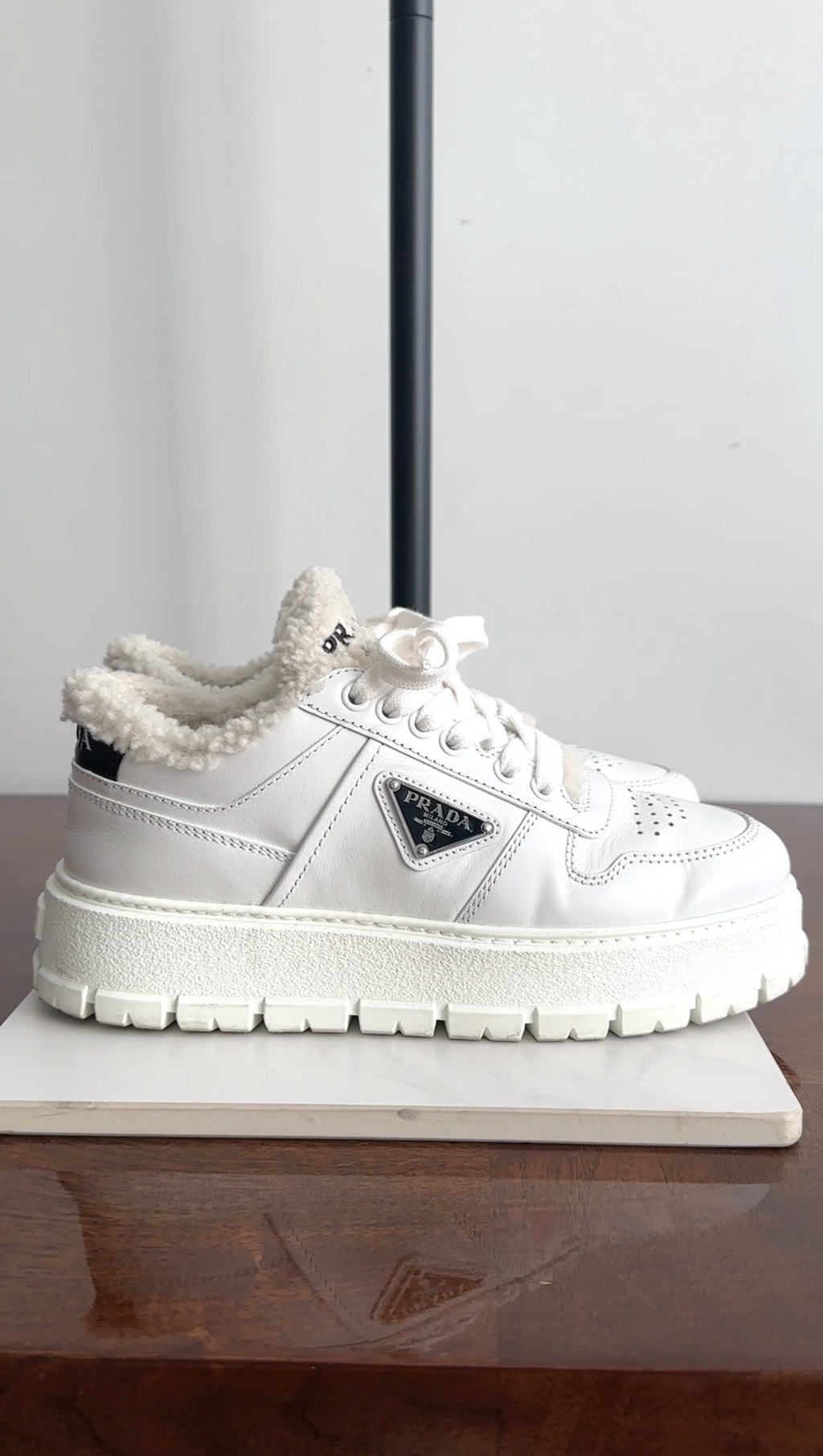 Prada White Leather Shearling Sneakers - 37