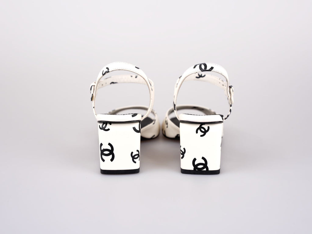 Chanel Printed Lambskin CC Platform Sandals White Black Size 37C
