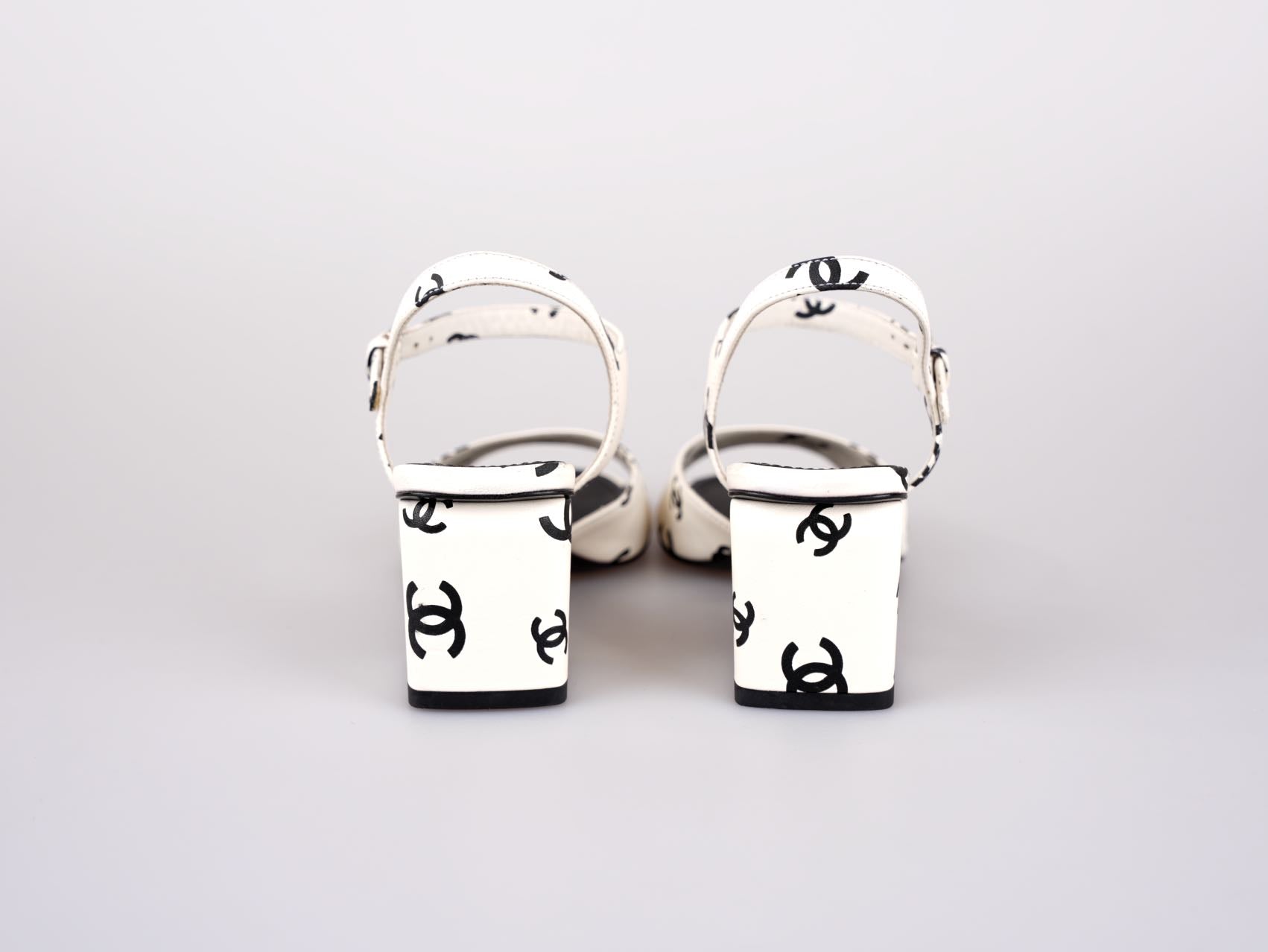 Chanel Printed Lambskin CC Platform Sandals White Black Size 37C