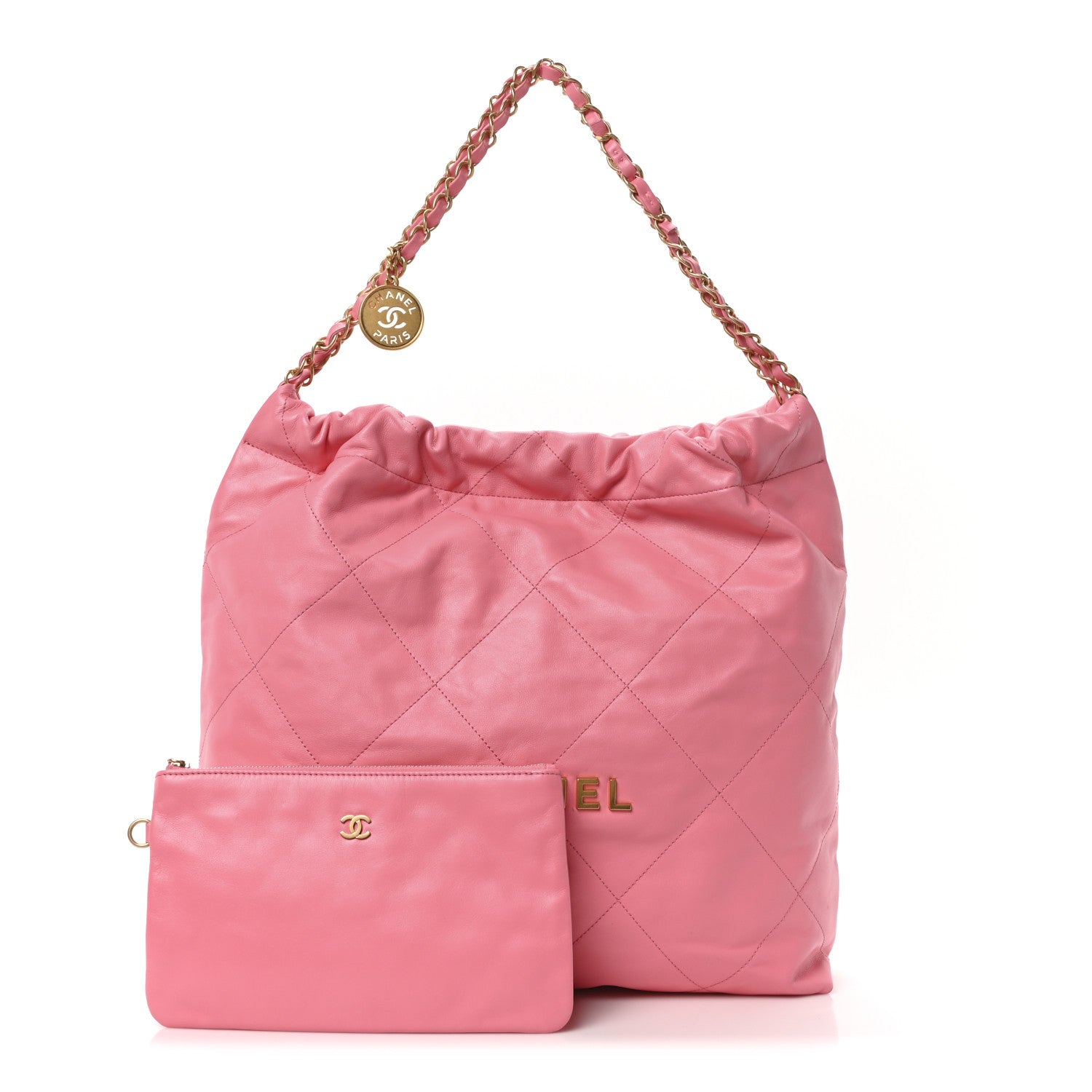 Shiny Calfskin Quilted Chanel 22 Drawstring Bag Coral Pink