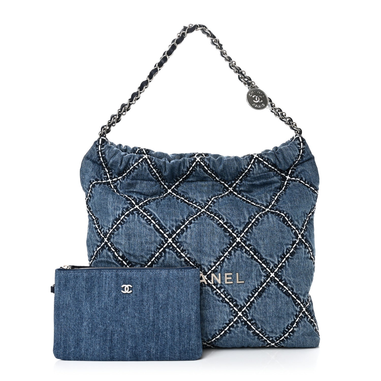Denim Quilted Stitched Small Chanel 22 Blue