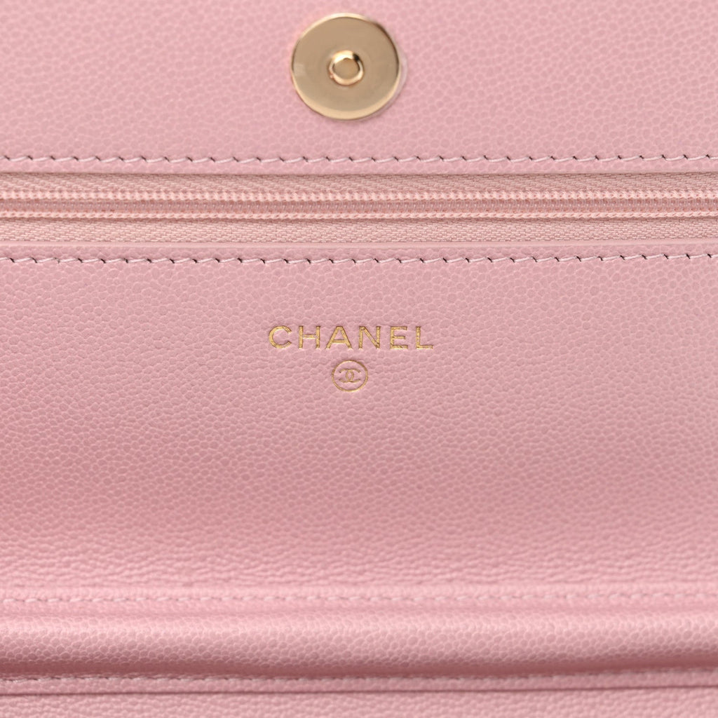 Caviar Quilted Studded CC Wallet on Chain WOC Light Pink