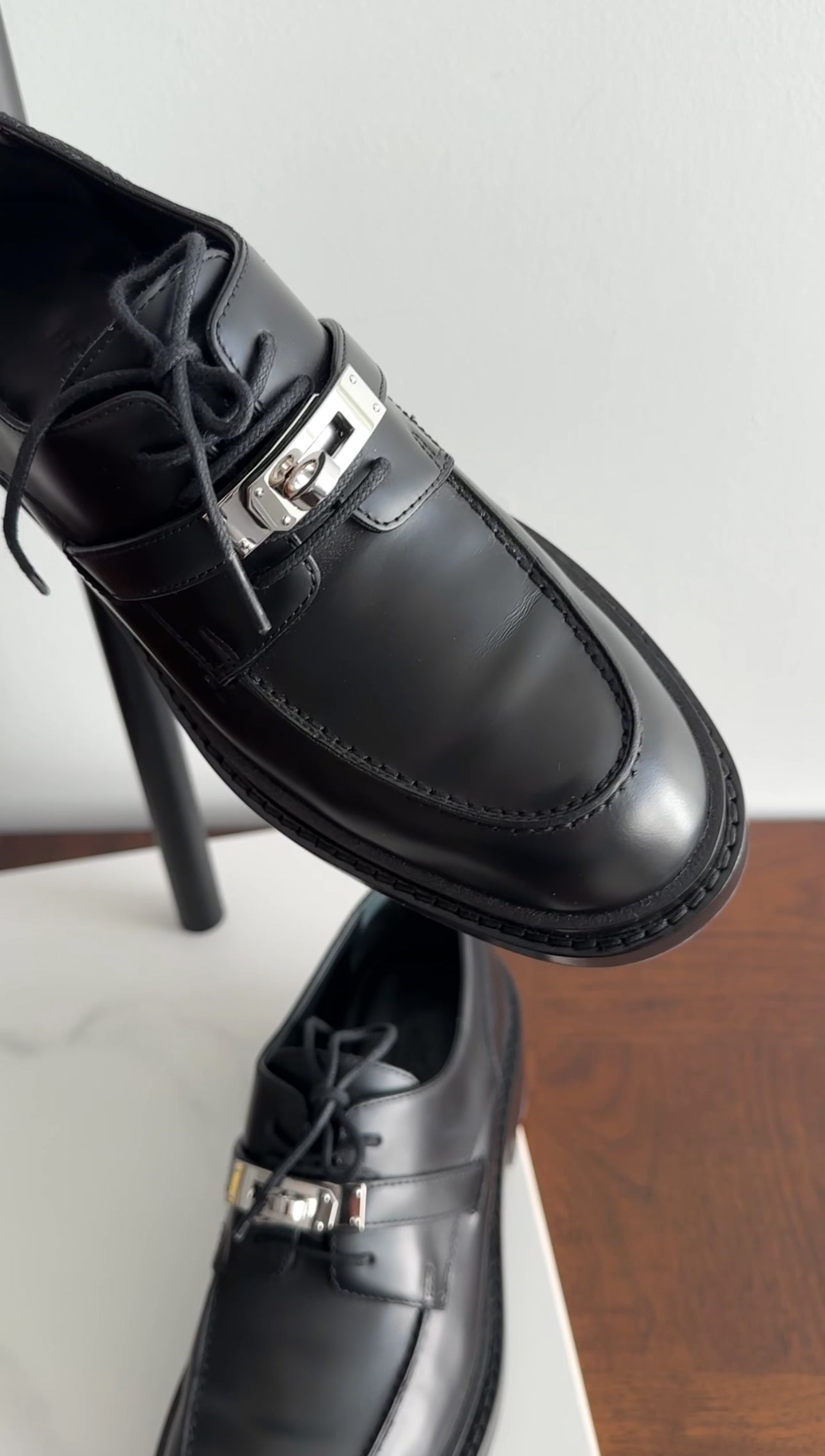 Hermes Black Glazed Leather First Oxford Shoes - 36.5