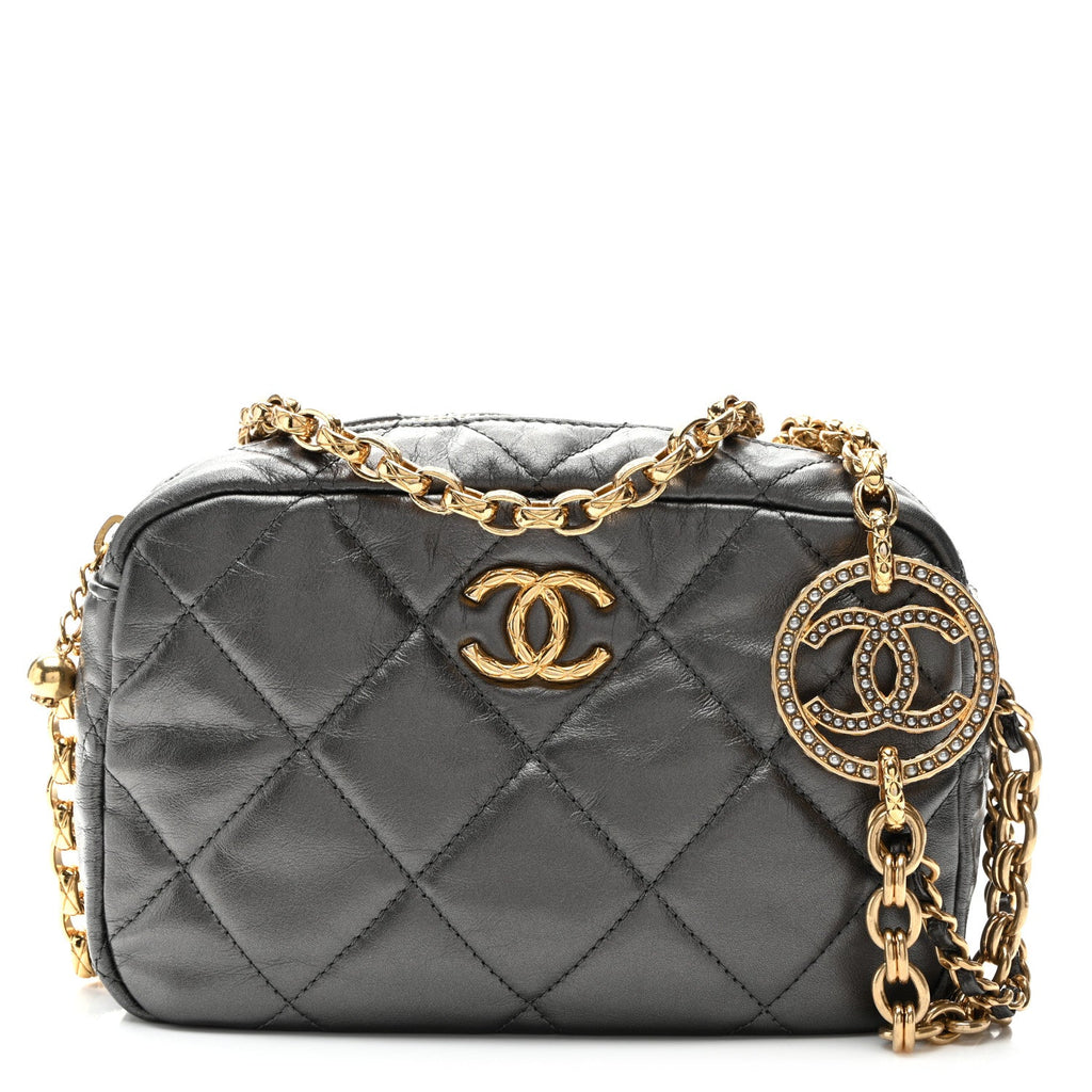 Metallic Calfskin Pearl Quilted CC Mini Camera Case Ruthenium