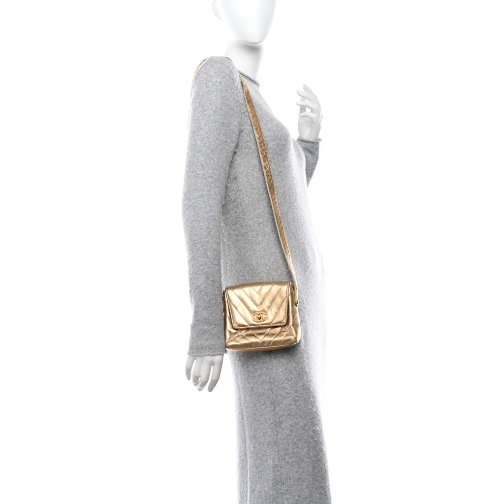Metallic Lambskin Chevron Quilted Micro Flap Bag Gold