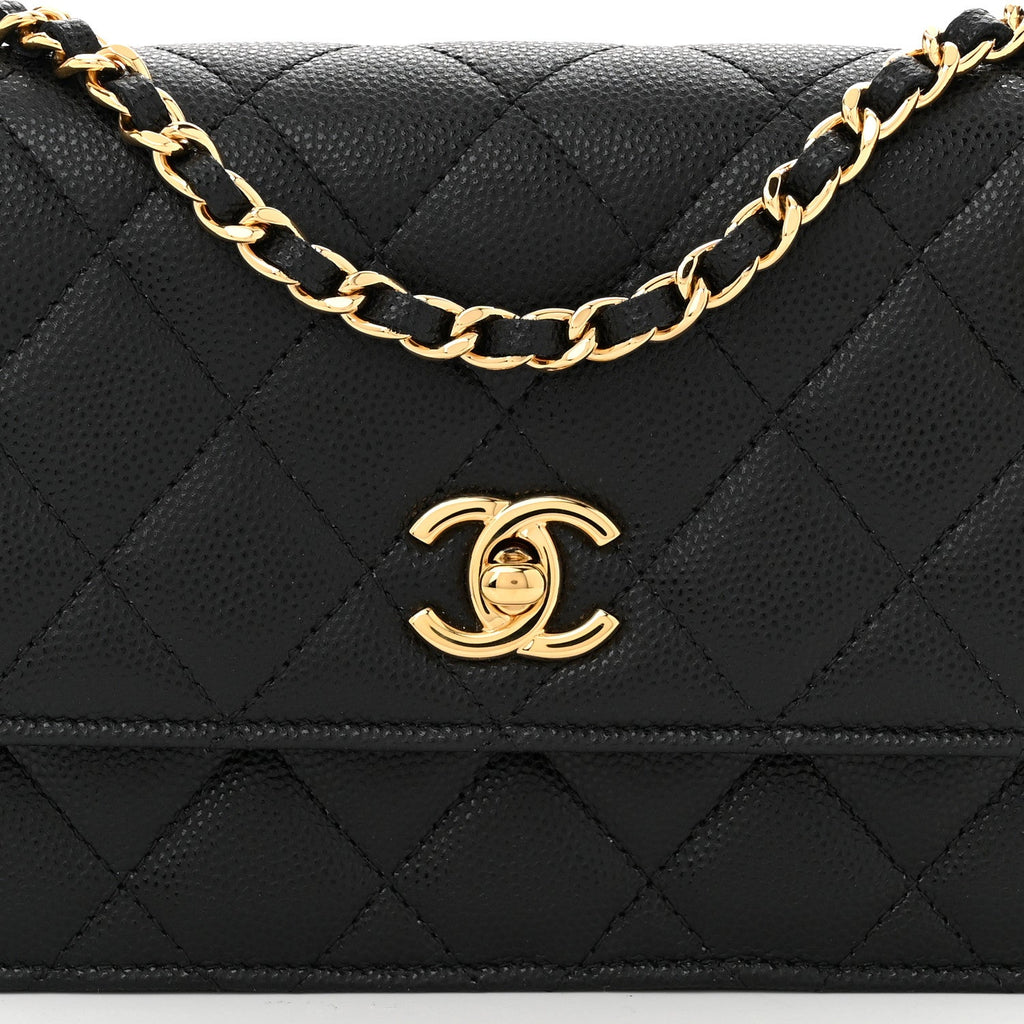 Shiny Caviar Quilted Flap Charm Wallet On Chain WOC Black