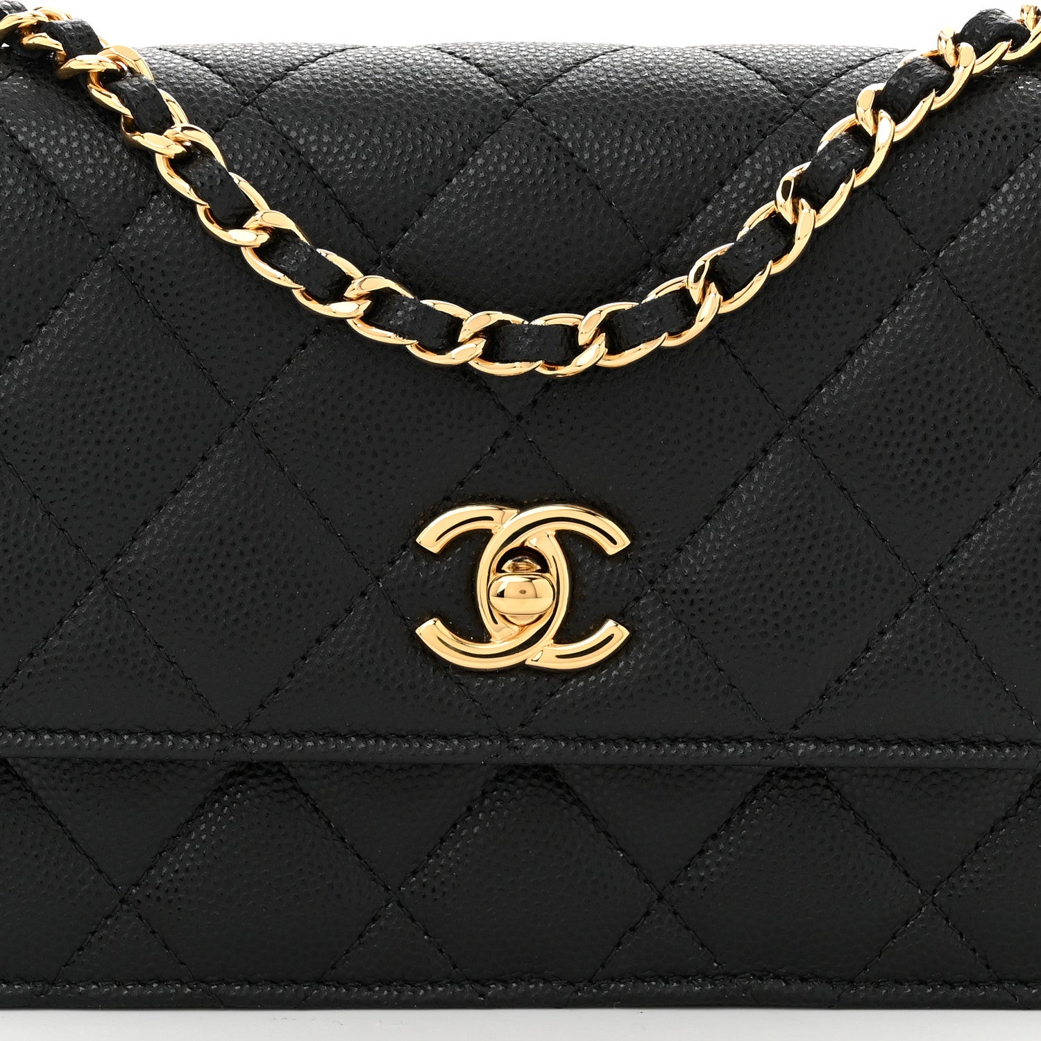 Shiny Caviar Quilted Flap Charm Wallet On Chain WOC Black