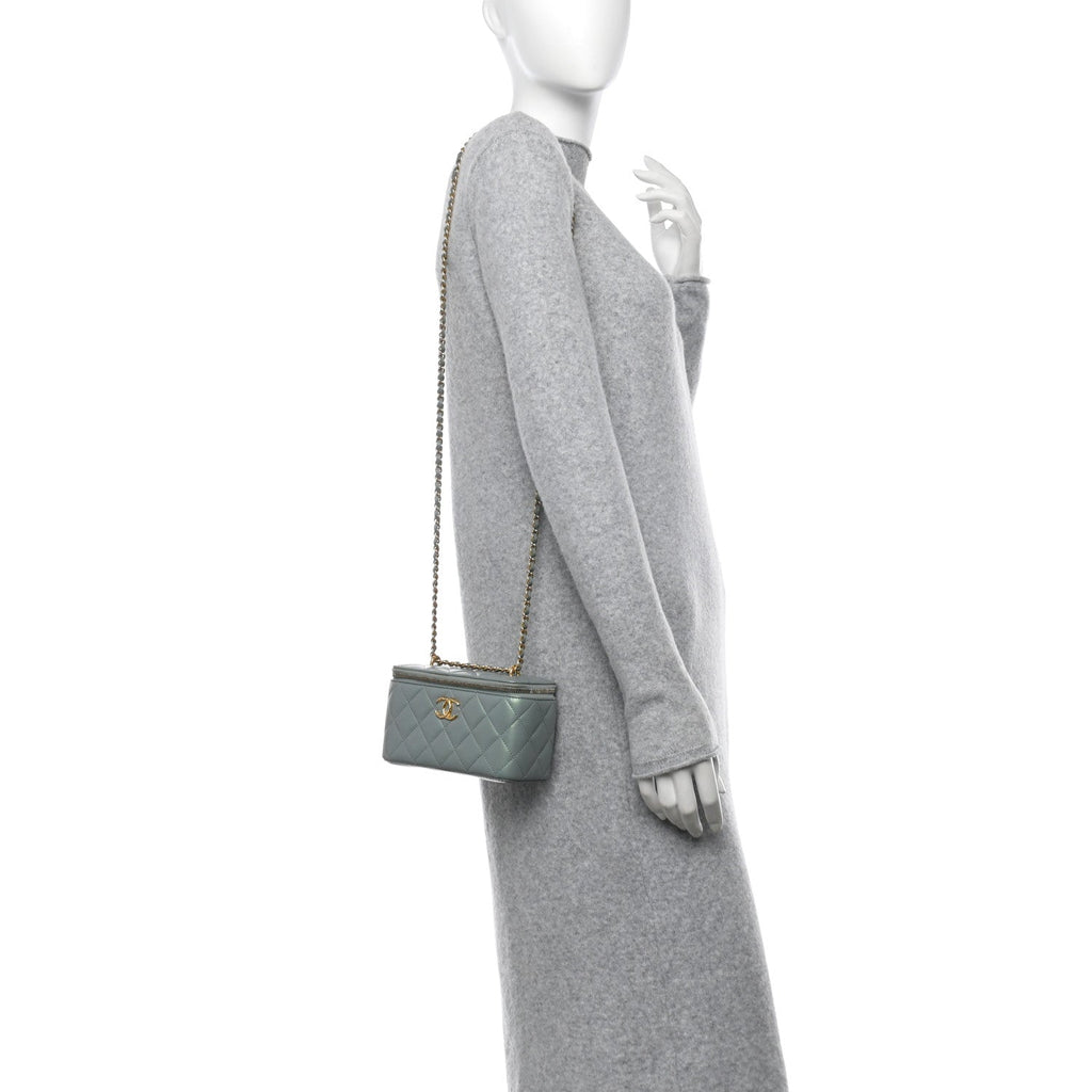 Metallic Lambskin Quilted Small CC Dynasty Vanity Case With Chain Grey