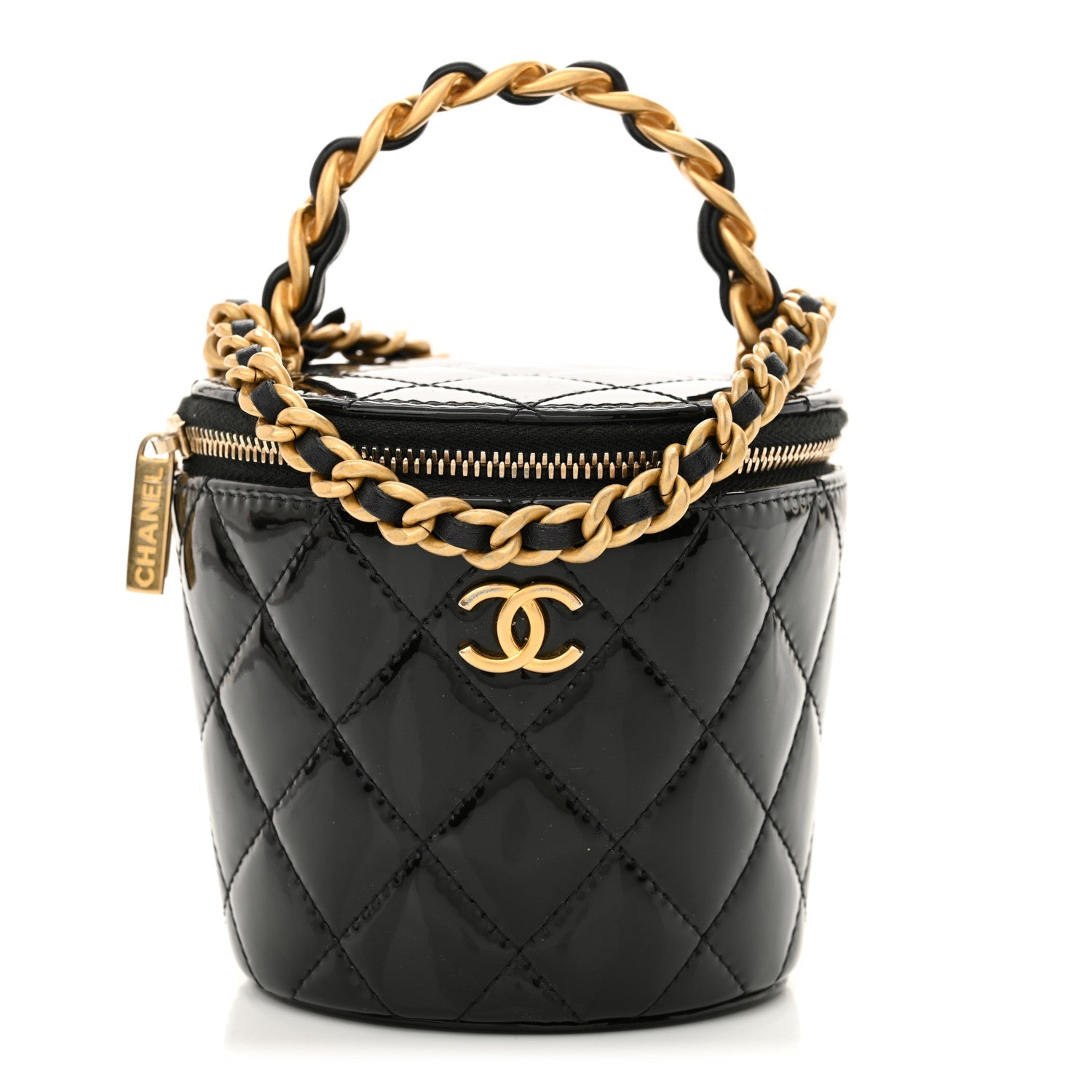 Patent Quilted Afternoon Tea Top Handle Vanity Case With Chain Black